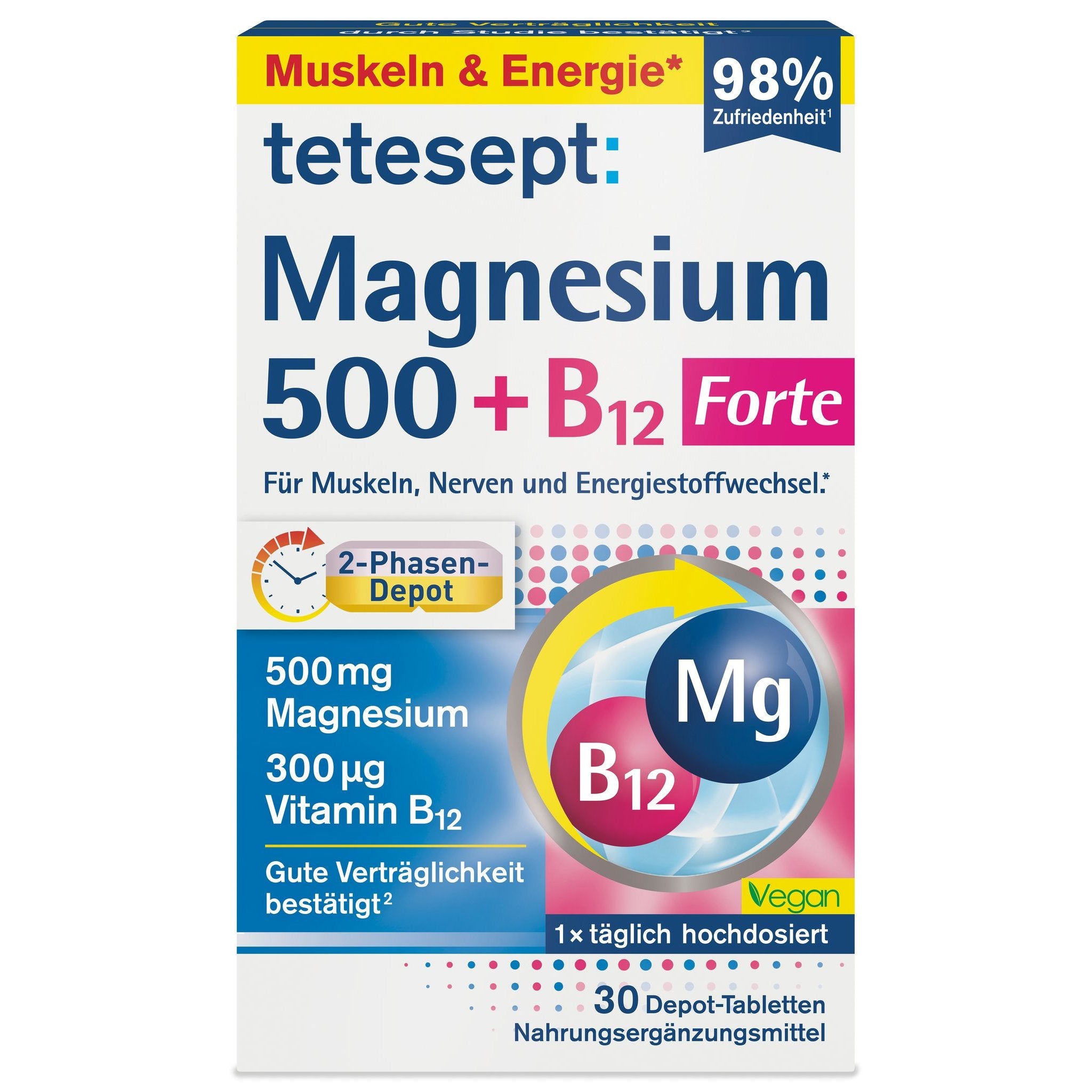tetesept Magnesium 500 + B12 300Âµg (30 Stk.) 42,8g – Produktbild