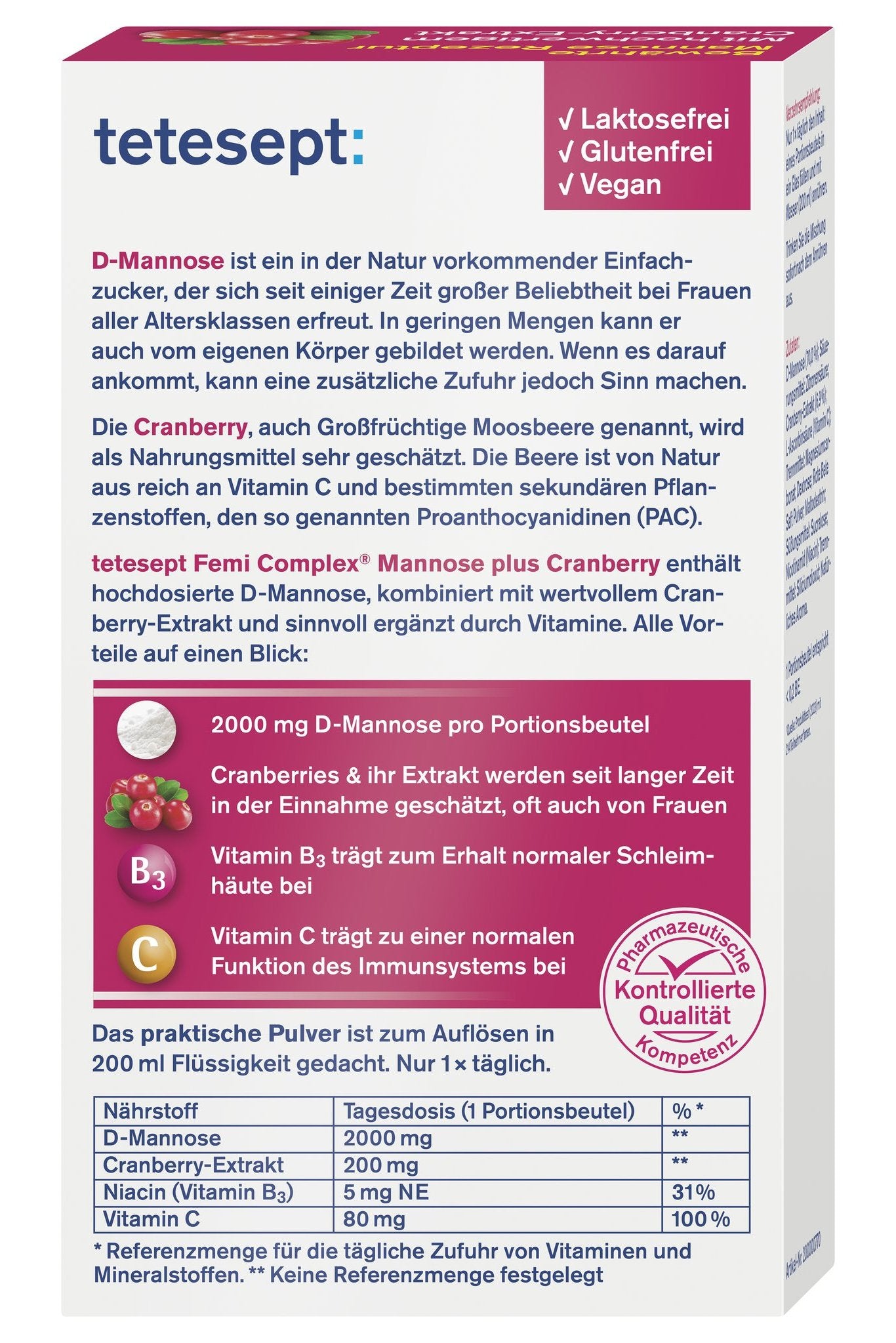 tetesept Femi Complex Mannose + Cranberry (8 Stk.) 23,3g – Produktbild