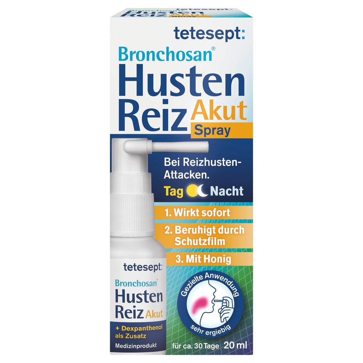 tetesept Bronchosan HustenReiz Akut Spray: Sprühflasche auf der Vorderseite, 20 ml