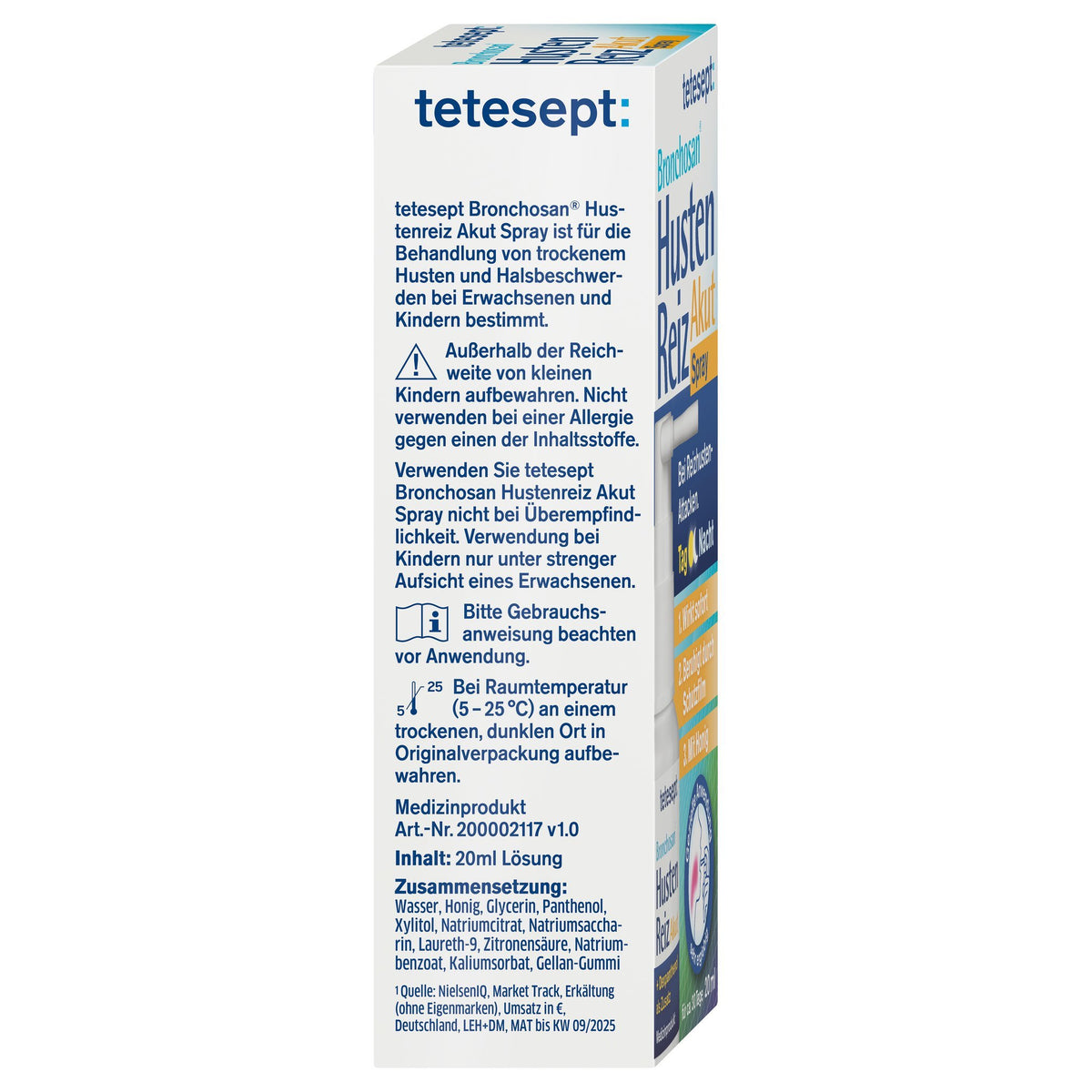 tetesept Bronchosan HustenReiz Akut Spray Rückseite mit Anwendungshinweisen und Warnungen