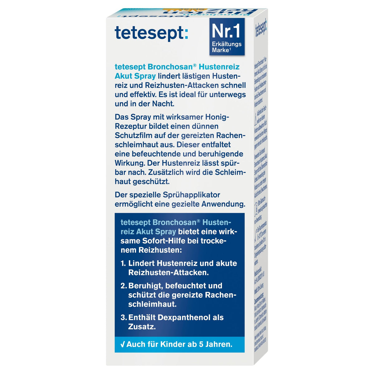tetesept Bronchosan HustenReiz Akut Spray Rückseite mit Erklärung Nr.1, Dexpanthenol