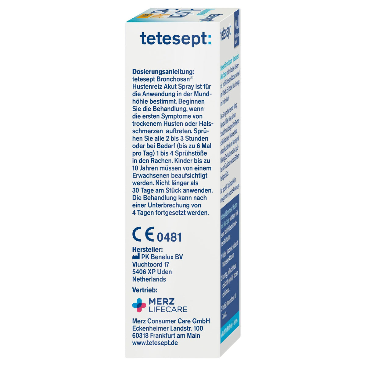 tetesept Bronchosan HustenReiz Akut Spray Rückseite mit Dosierungsanleitung und Herstellerangaben