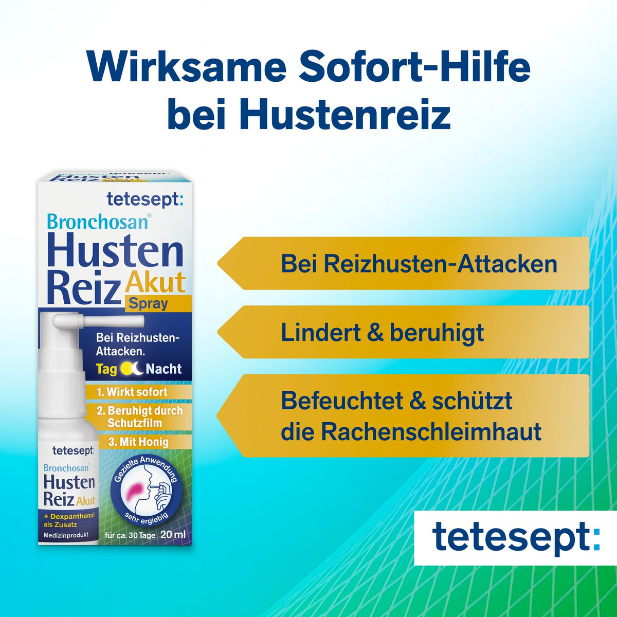 tetesept Bronchosan HustenReiz Akut Spray Verpackung mit Soforthilfe-Hinweisen