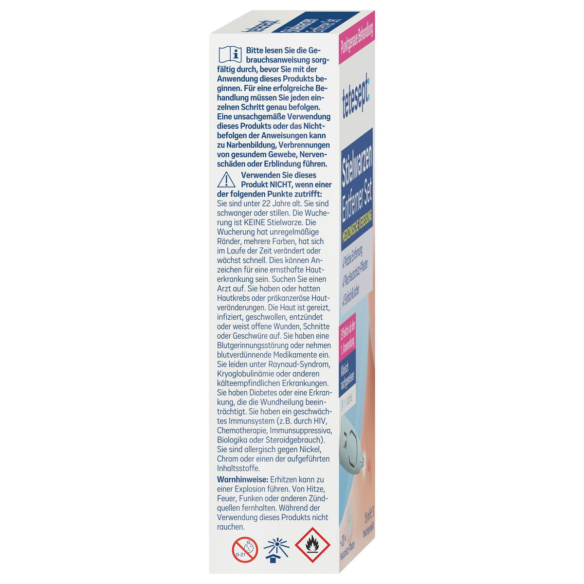 tetesept Stielwarzen-Entferner Set: Packungsseite mit Sicherheitshinweisen