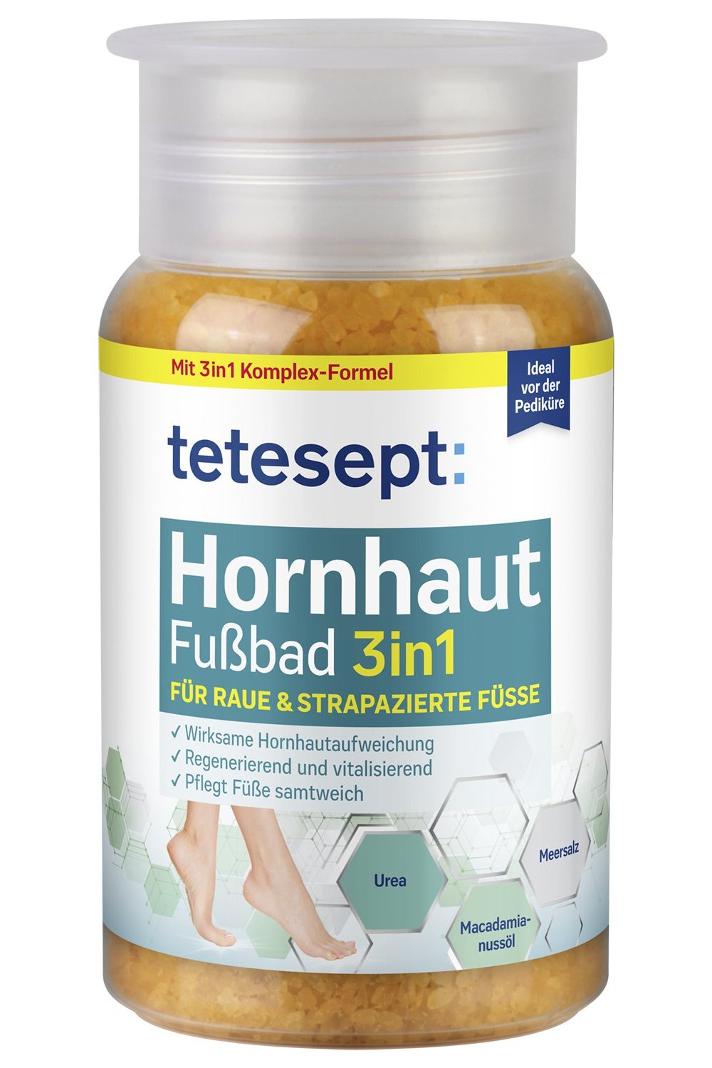 tetesept Hornhaut-Fußbad 3in1 in brauner Kunststoffflasche mit grün-gelbem Etikett