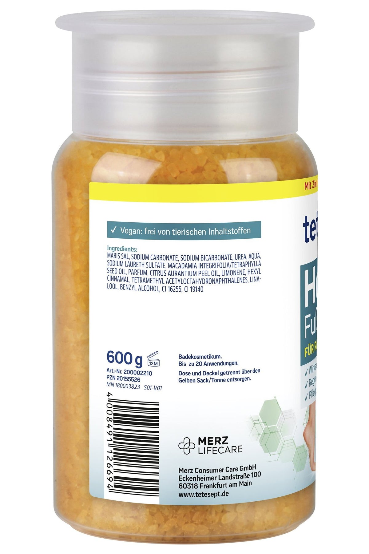 tetesept Hornhaut-Fußbad 3in1 Vorderseite, 600 g, Barcode-Label auf brauner Flasche