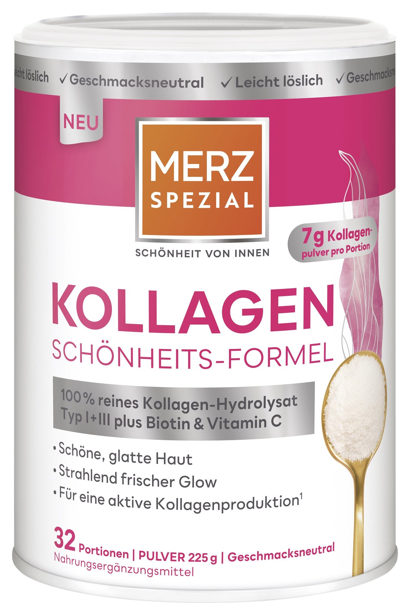 Vorderseite der Merz Spezial Kollagen Schönheits-Formel Pulver Dose in Weiß und Pink mit Produktinformationen und Löffel.