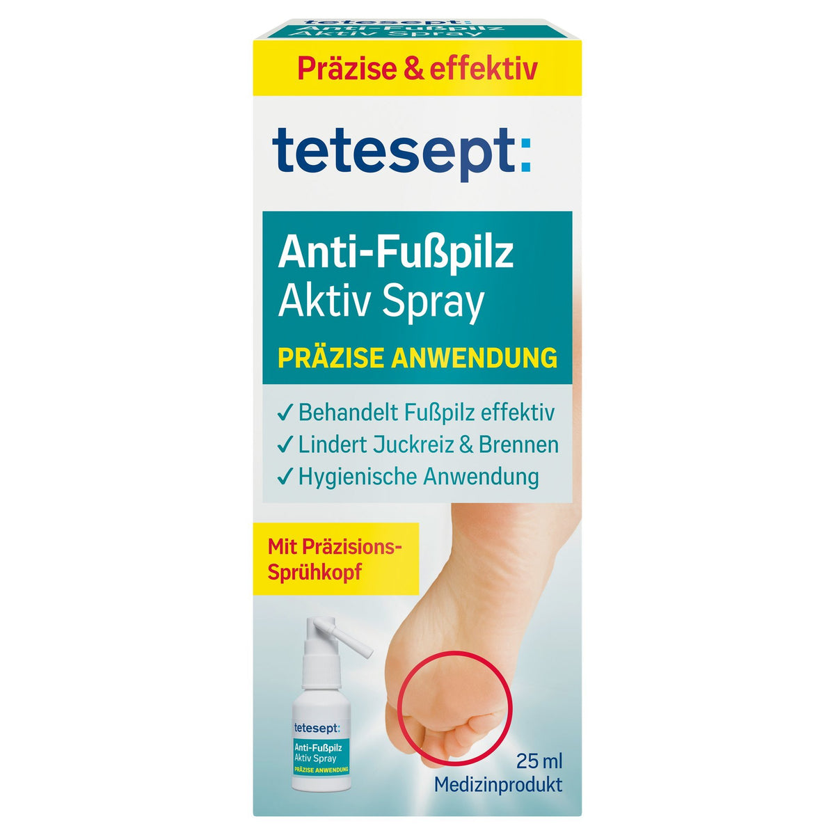 tetesept Anti-Fußpilz Aktiv Spray, Vorderseite mit Hinweisboxen, 25 ml