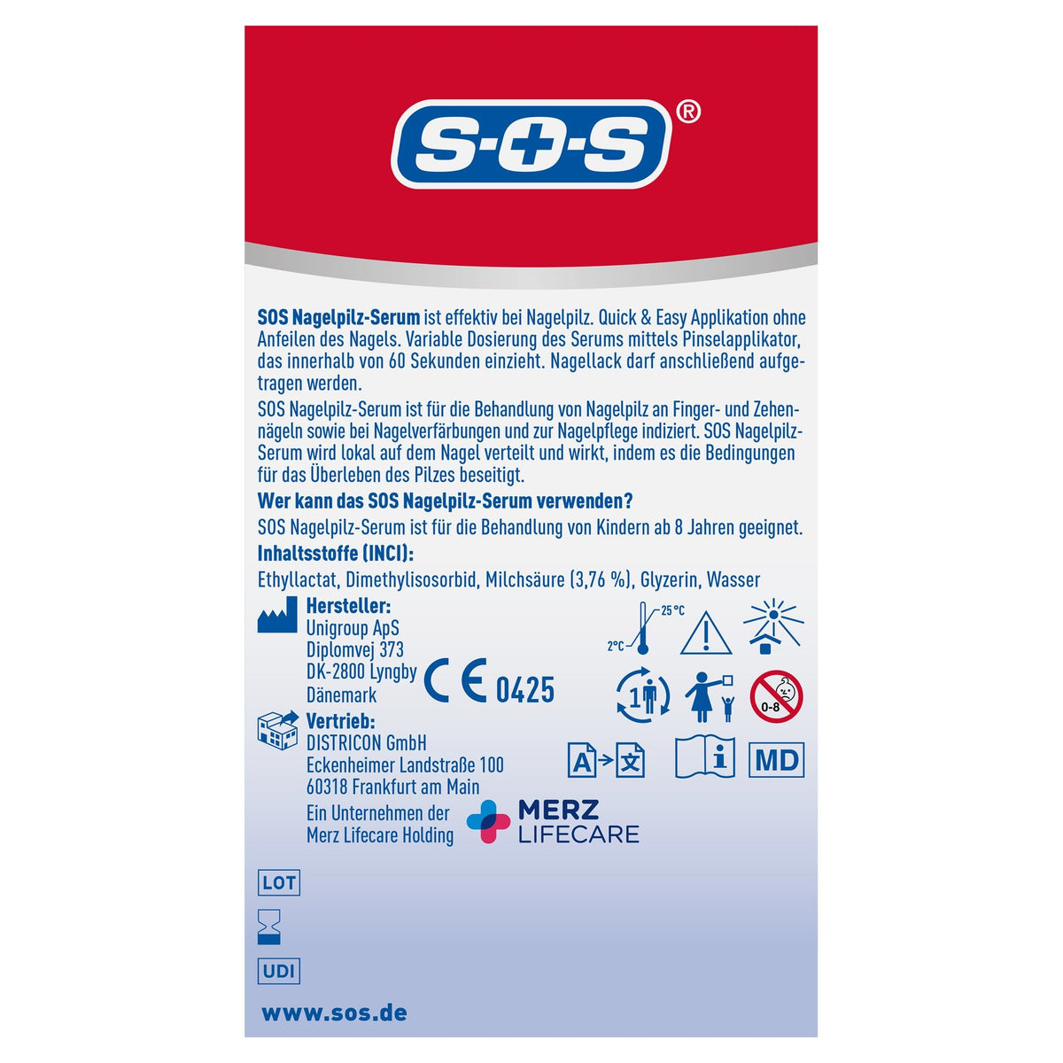 SOS Nagelpilz-Serum: Etikett mit Wirkstoffen und Anwendung auf der Rückseite