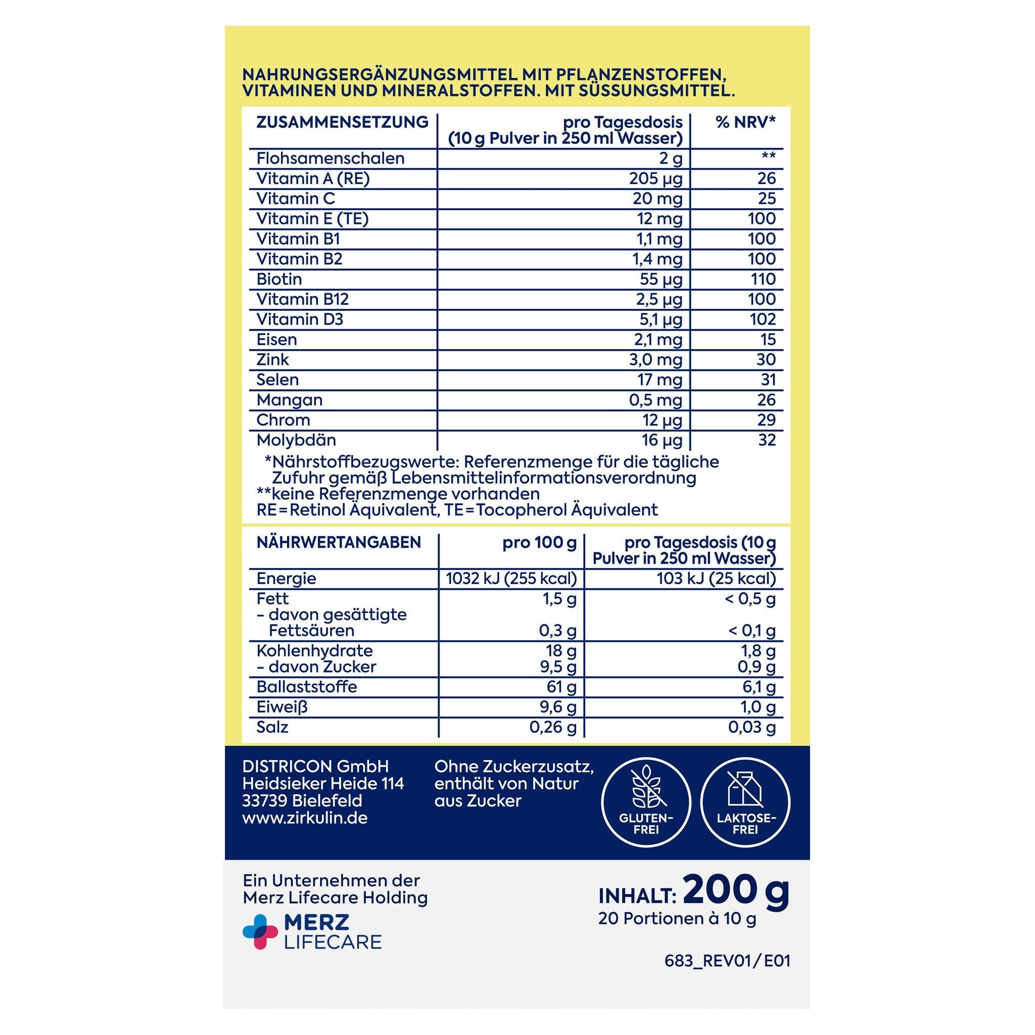Rückseite der Verpackung mit Nährwerttabelle, Zusammensetzung und Herstellerinformationen.