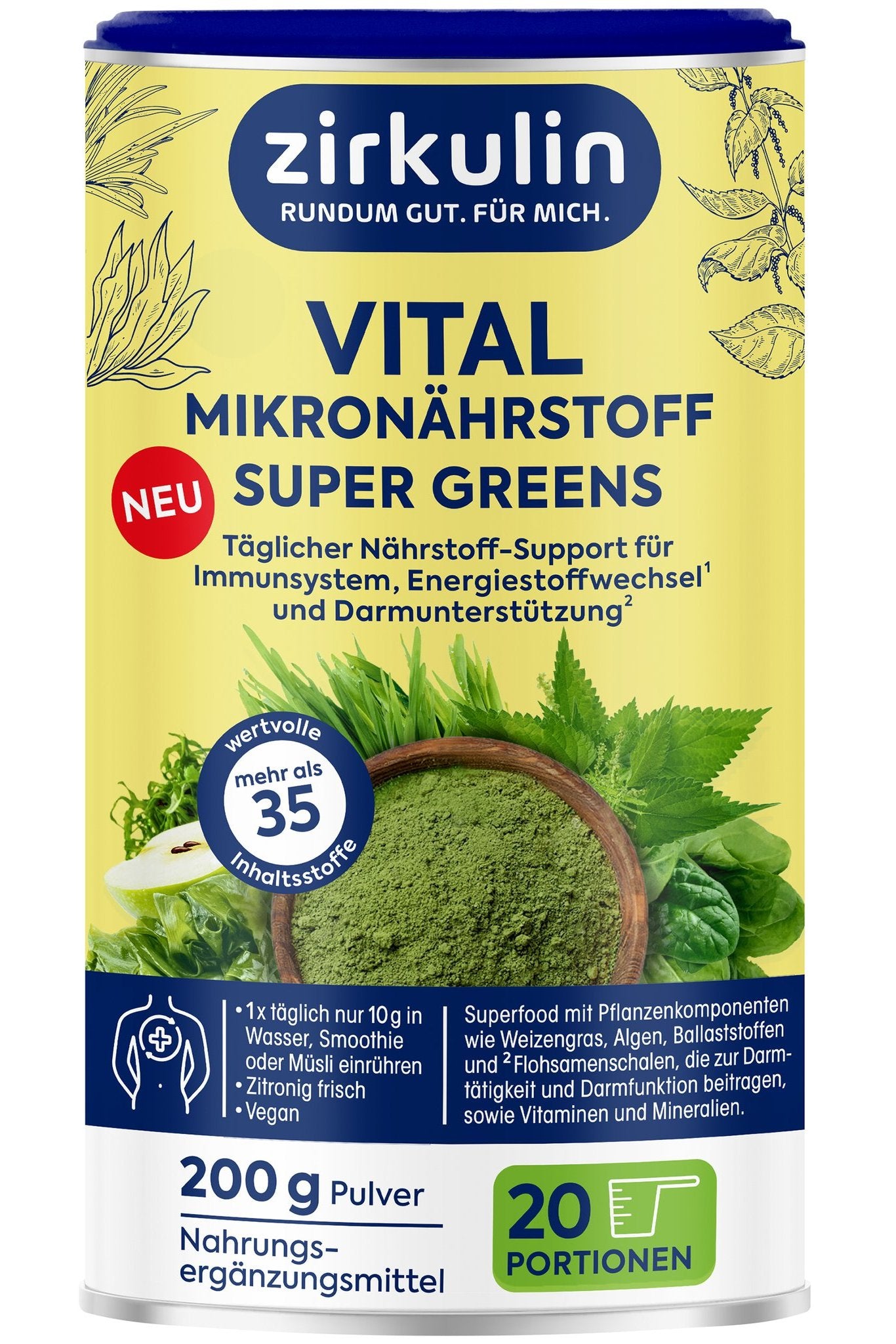 Vorderseite der gelben Dose Zirkulin Vital Mikronährstoff Super Greens Pulver mit Produktnamen und Abbildungen.