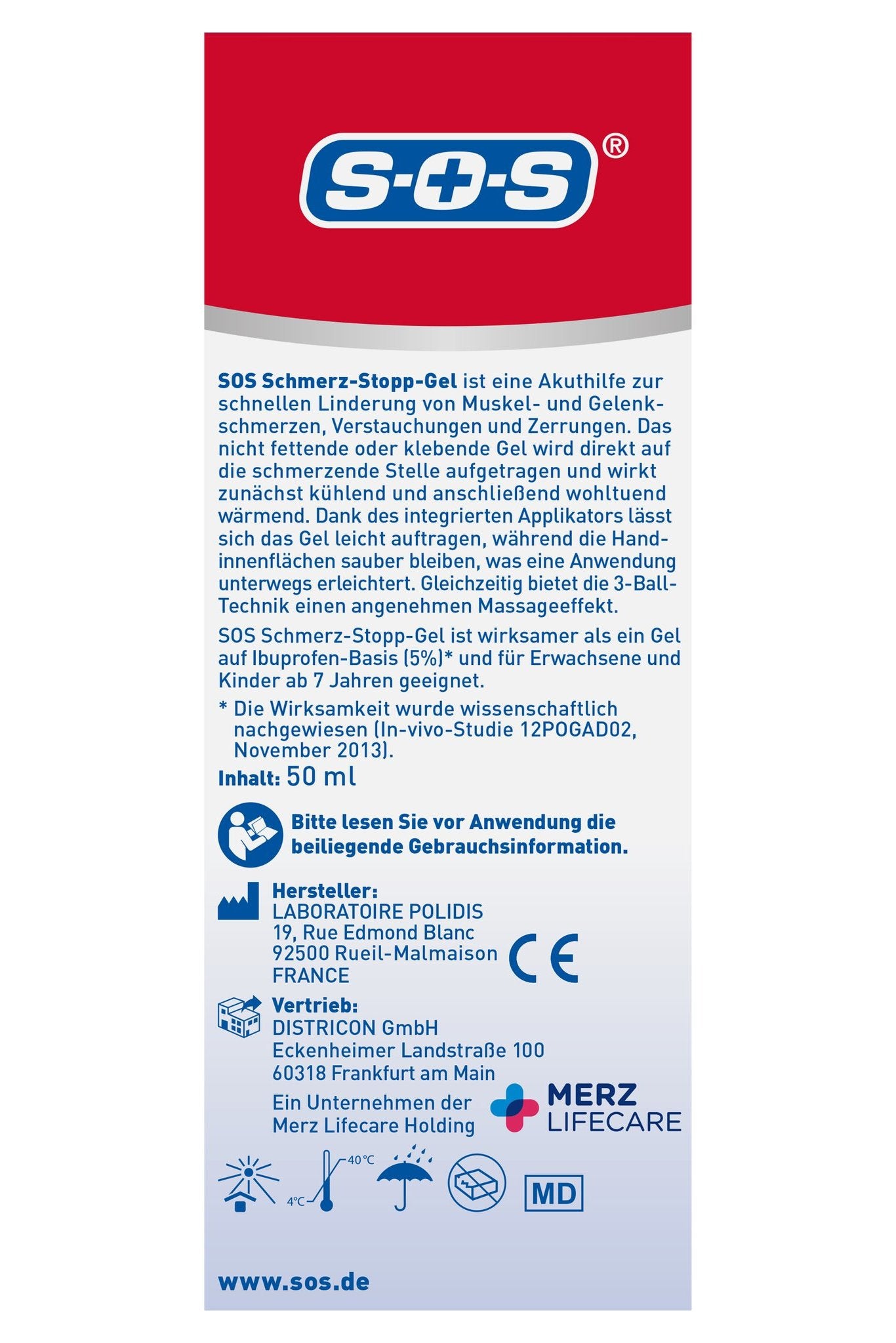 Seite der SOS Schmerz-Stopp-Gel Verpackung mit Produktbeschreibung, Hersteller, Vertrieb und Zertifizierungen.