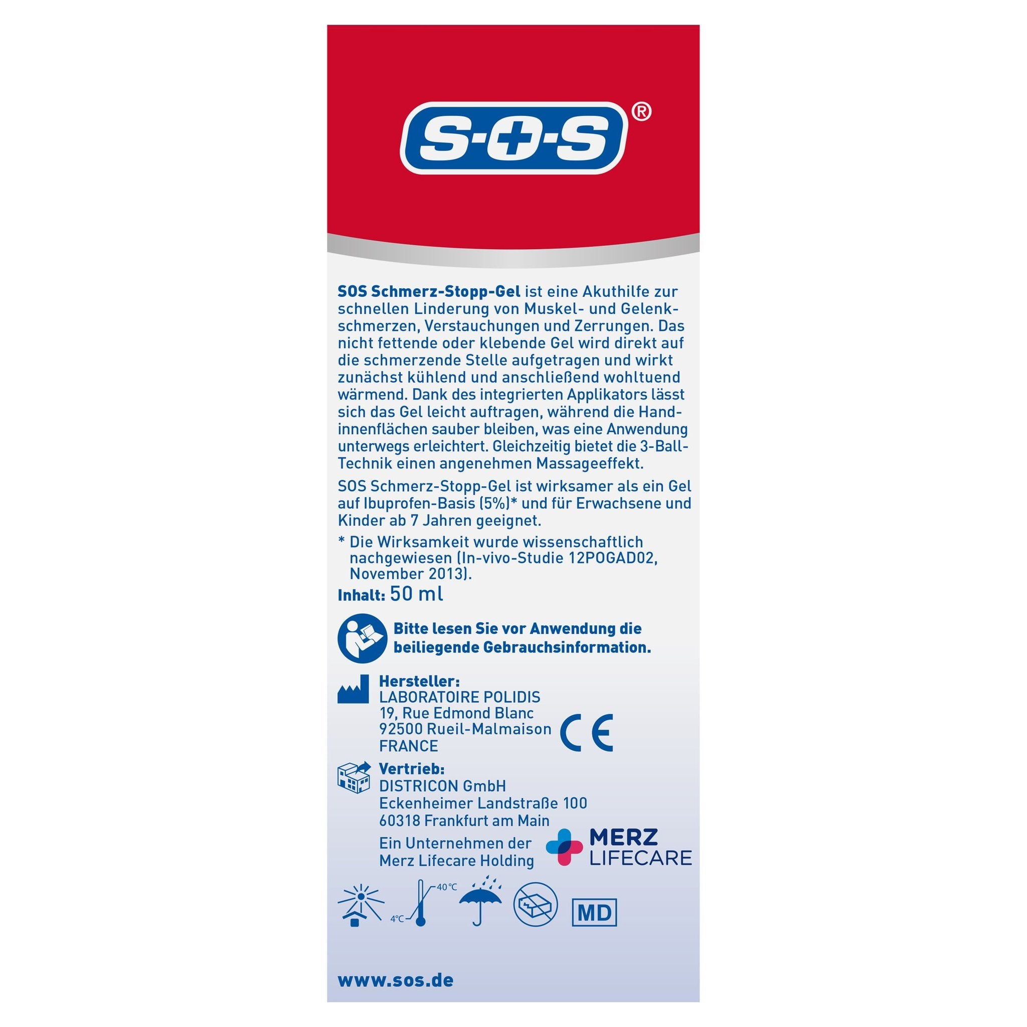 Seite der SOS Schmerz-Stopp-Gel Verpackung mit Produktbeschreibung, Hersteller, Vertrieb und Zertifizierungen.