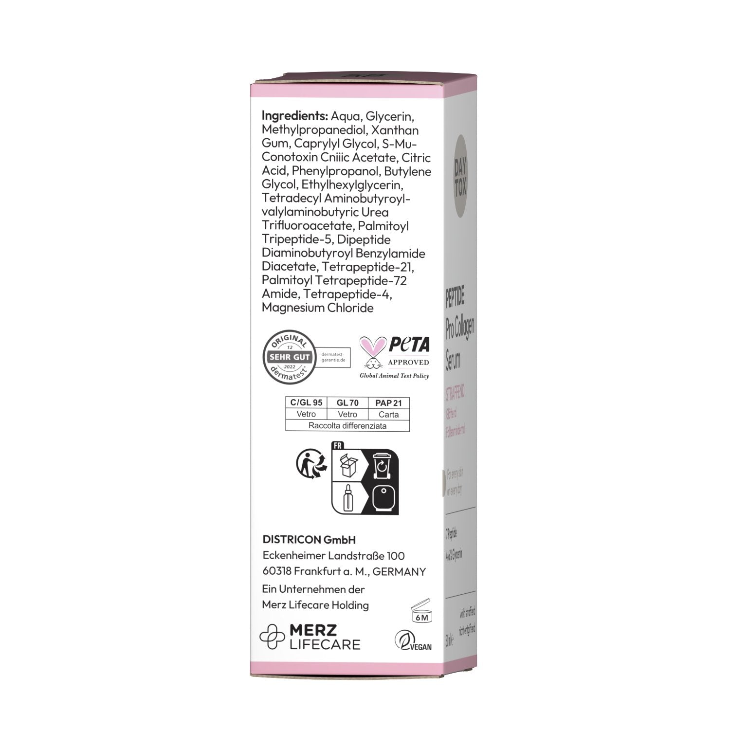 Seitenansicht der Verpackung mit Zutatenliste (INCI) und Herstellerangaben zu DISTRICON GmbH / Merz Lifecare der DAYTOX Peptide Pro Collagen Serum