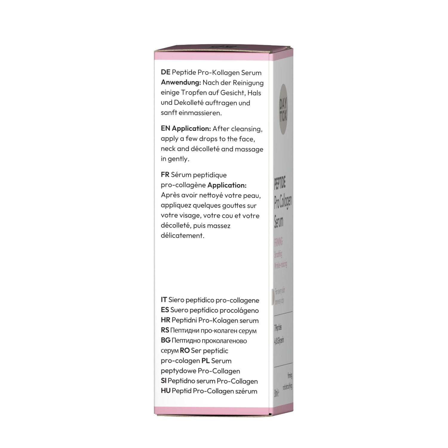 Seitenansicht der Verpackung von DAYTOX Peptide Pro Collagen Serum mit mehrsprachigen Anwendungshinweisen