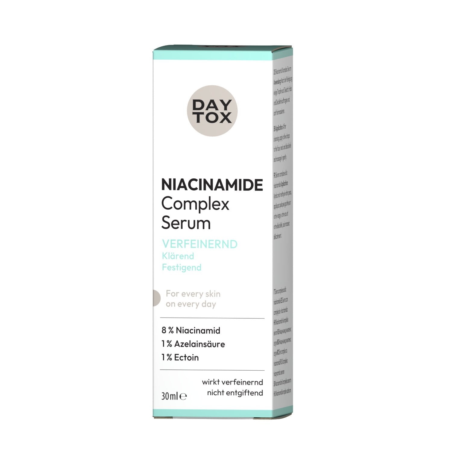Frontalansicht der Verpackung von DAYTOX Niacinamide Complex Serum (30 ml) mit Hinweis auf verfeinernde, klärende und festigende Wirkung