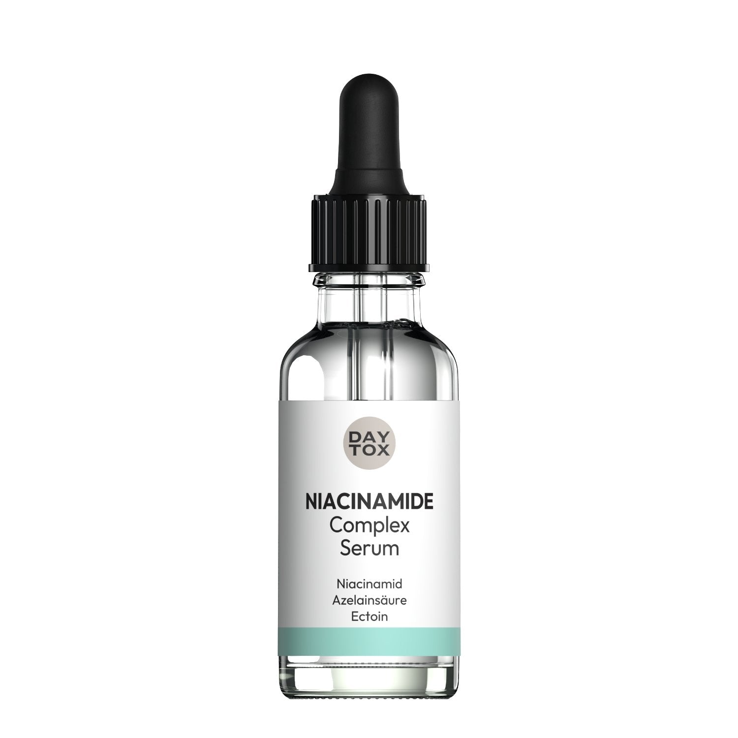Freigestellte Pipettenflasche der DAYTOX Niacinamide Complex Serum mit Hinweis auf Niacinamid, Azelainsäure und Ectoin