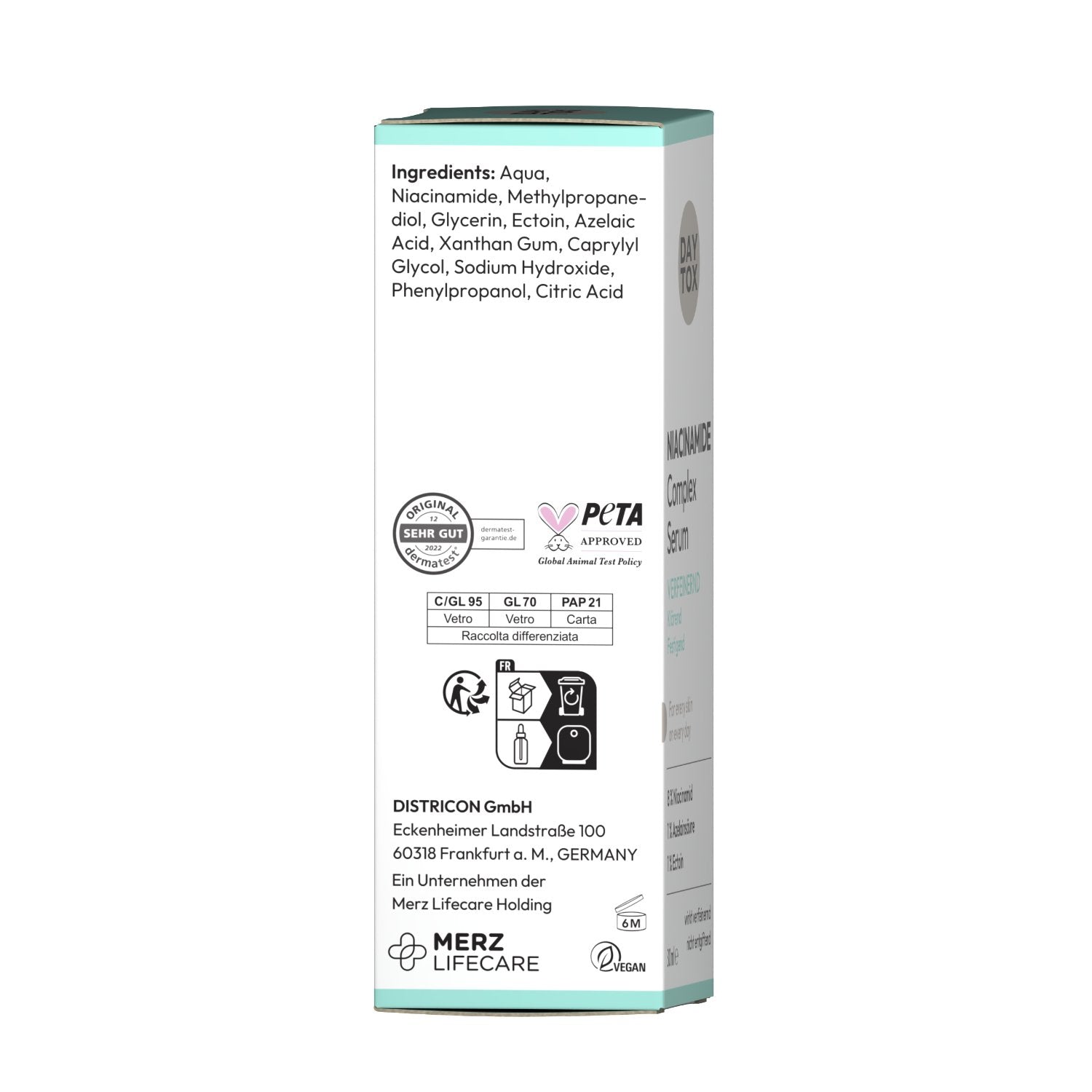 Seitenansicht der Verpackung mit Zutatenliste (INCI) und Herstellerangaben zu DISTRICON GmbH / Merz Lifecare der DAYTOX Niacinamide Complex Serum