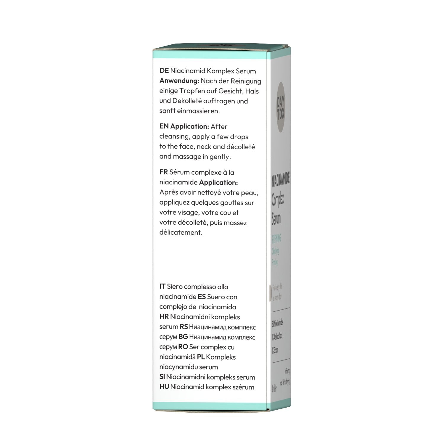 Seitenansicht der Verpackung von DAYTOX Niacinamid Komplex Serum mit mehrsprachigen Anwendungshinweisen