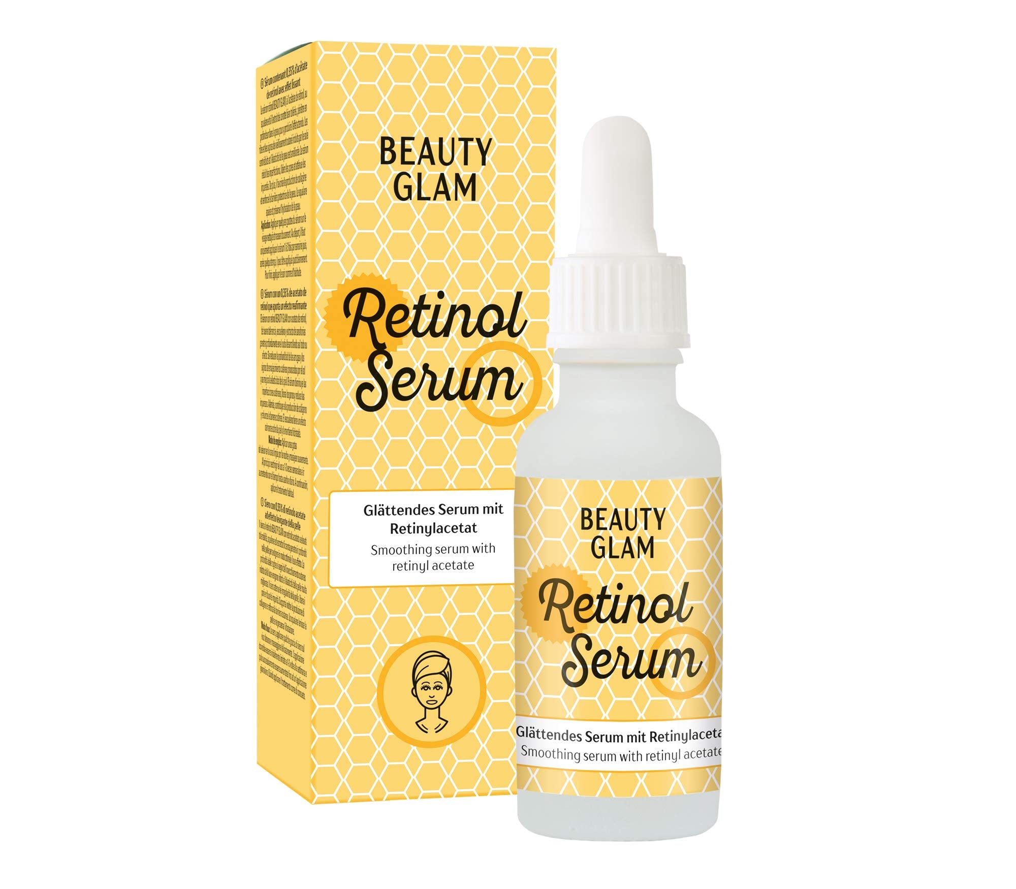 Weiße Flasche Beauty Glam Retinol Serum mit Pipette neben der gelb-weißen Verpackung mit Produktnamen und Beschreibung.