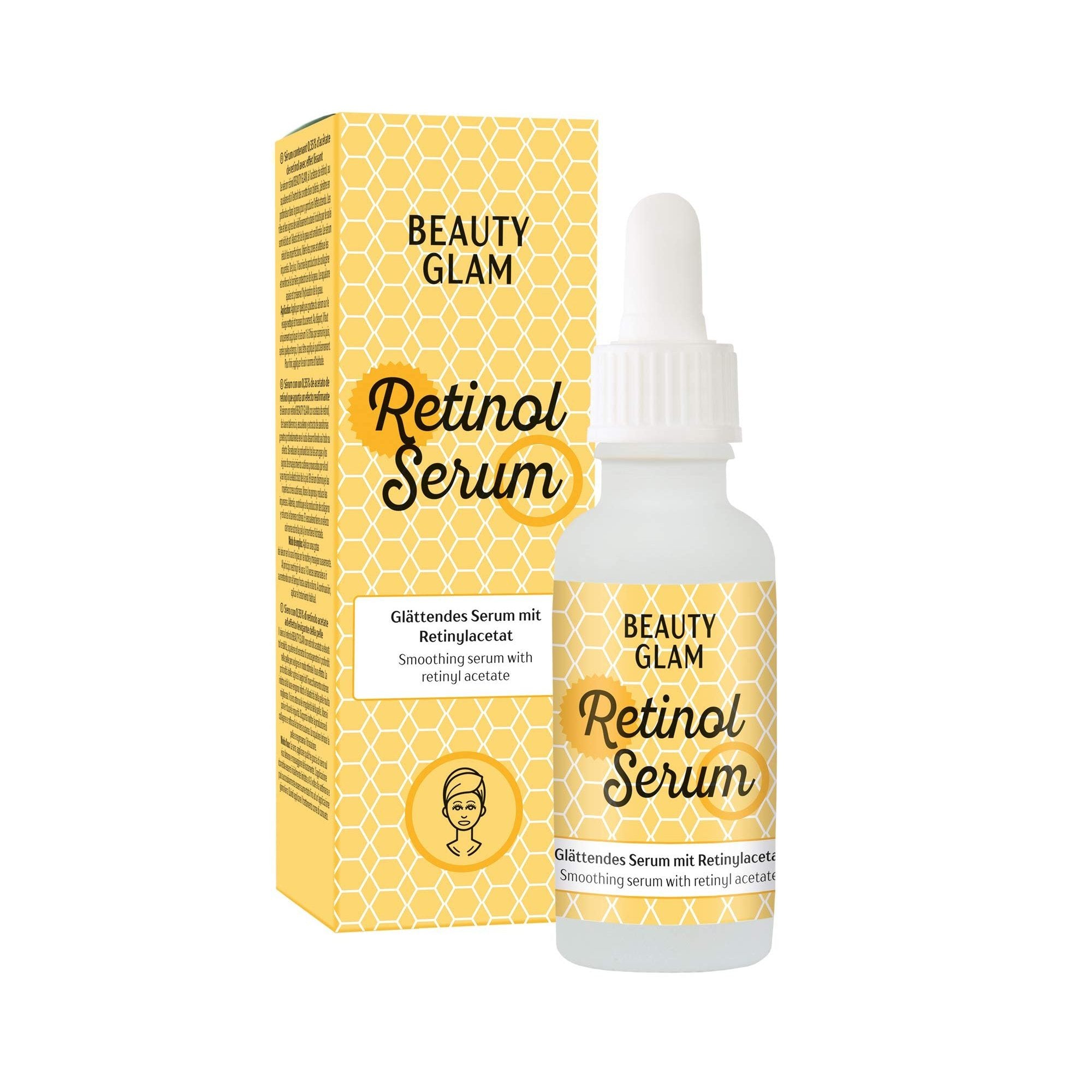 Weiße Flasche Beauty Glam Retinol Serum mit Pipette neben der gelb-weißen Verpackung mit Produktnamen und Beschreibung.