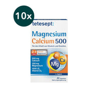 Frontalansicht der Verpackung von tetesept Magnesium Calcium 500 (30 Tabletten) mit "10x"-Vorteilspack-Kennzeichnung