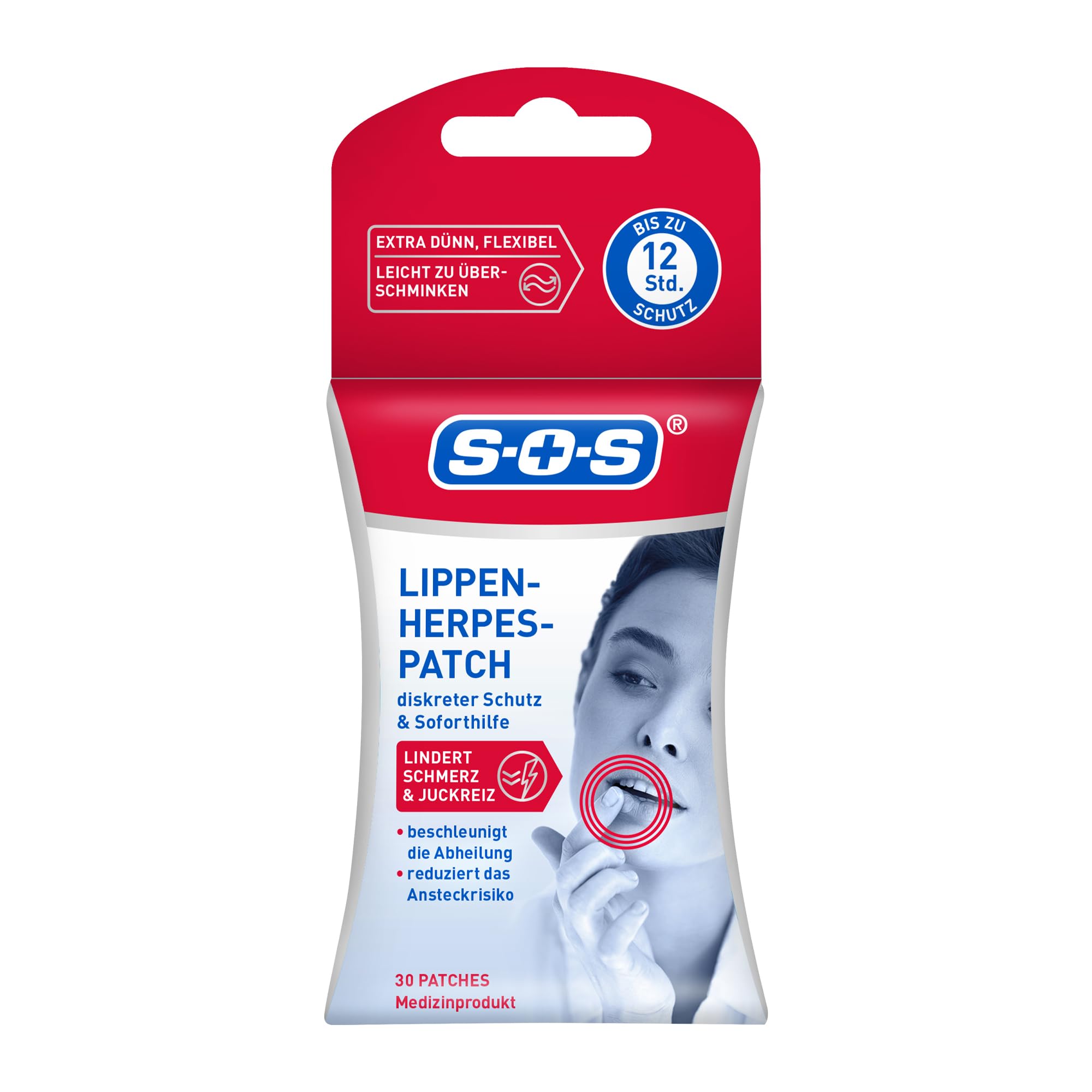 Vorderseite der SOS Lippen-Herpes-Patch Verpackung mit Produktmerkmalen und Anwendungsbeispiel auf einer Lippe.