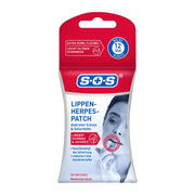Vorderseite der SOS Lippen-Herpes-Patch Verpackung mit Produktmerkmalen und Anwendungsbeispiel auf einer Lippe.