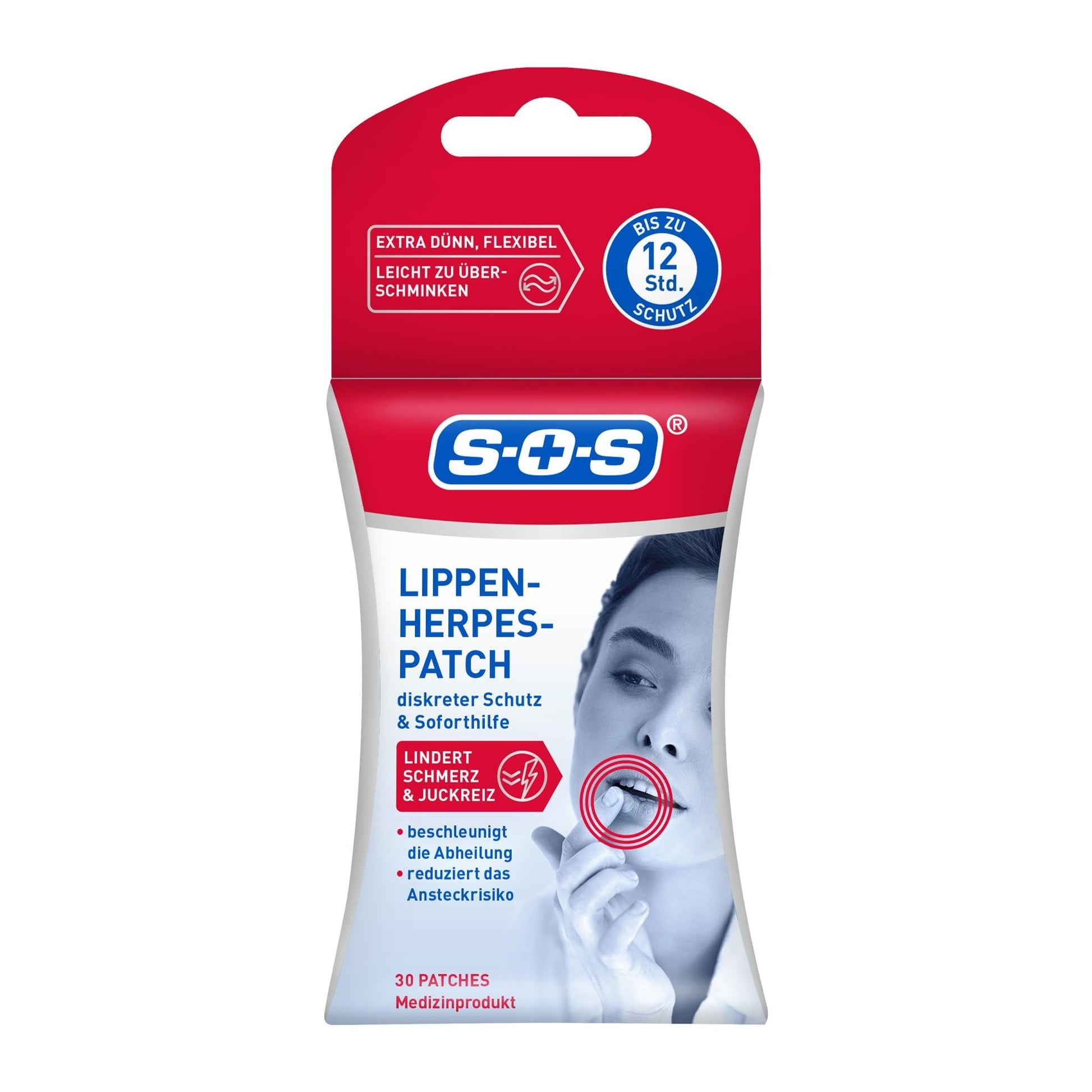 Vorderseite der SOS Lippen-Herpes-Patch Verpackung mit Produktmerkmalen und Anwendungsbeispiel auf einer Lippe.