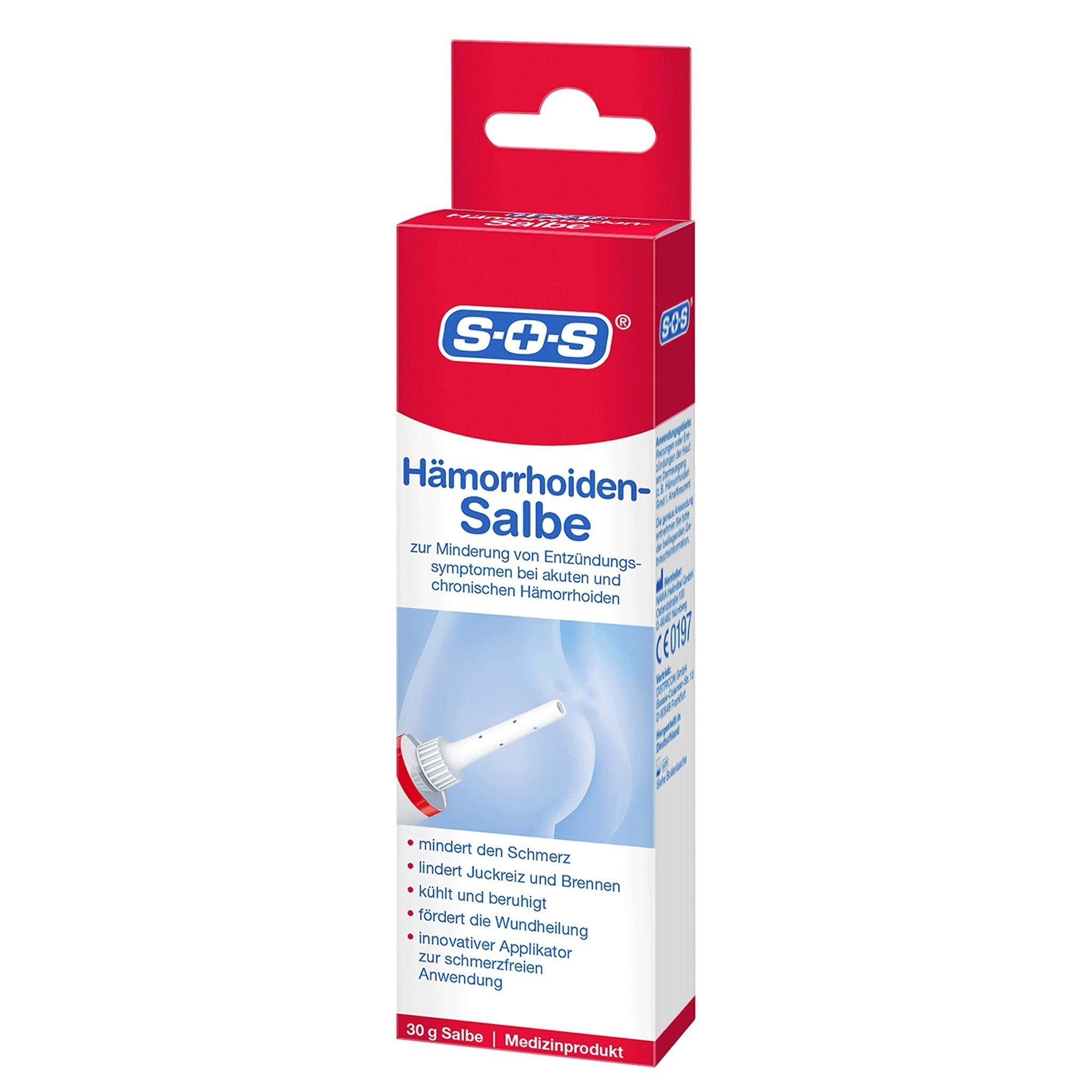 Vorderseite der roten Produktverpackung "SOS Hämorrhoiden Salbe" mit teilweiser Ansicht der Tube und Applikator.