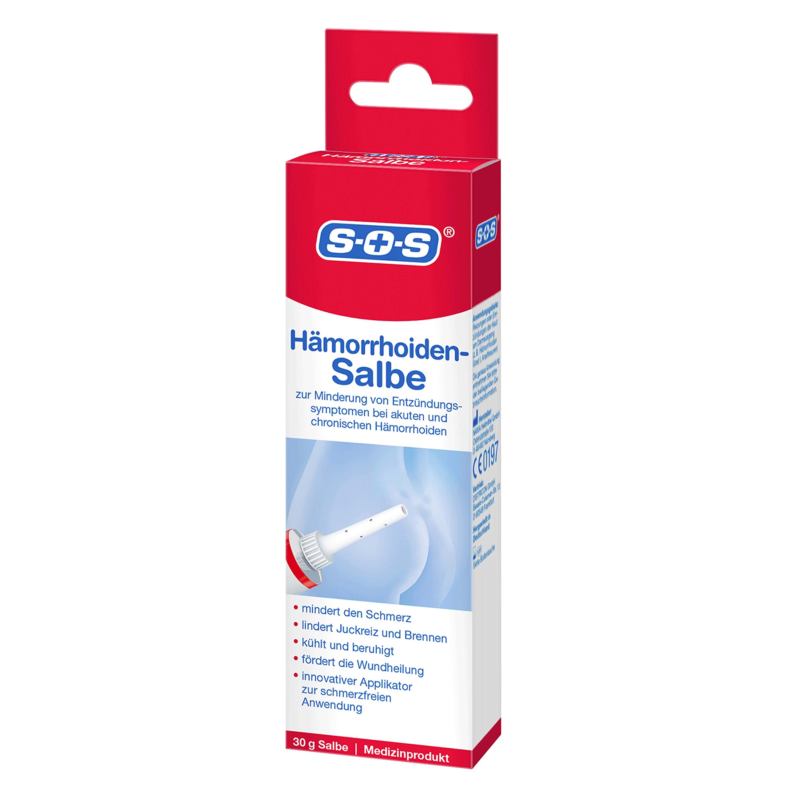 Vorderseite der roten Produktverpackung "SOS Hämorrhoiden Salbe" mit teilweiser Ansicht der Tube und Applikator.