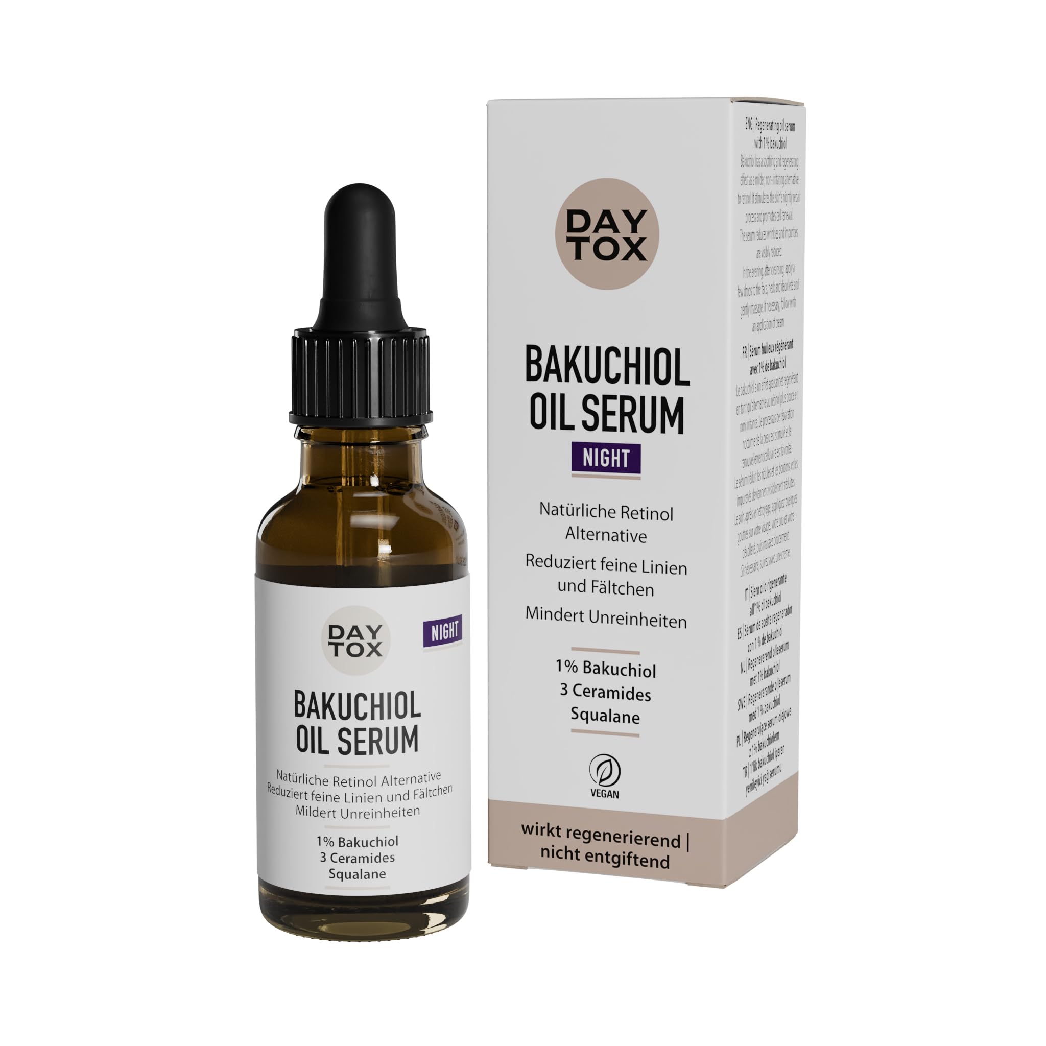 Braune Glasflasche mit Pipette und Umverpackung des Daytox Bakuchiol Oil Serums auf weißem Hintergrund.