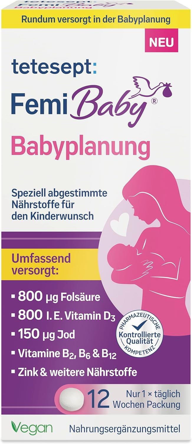 Vorderseite der tetesept Femi Baby Babyplanung Verpackung mit Produktnamen, Inhaltsstoffen und Mutter-Kind-Grafik.