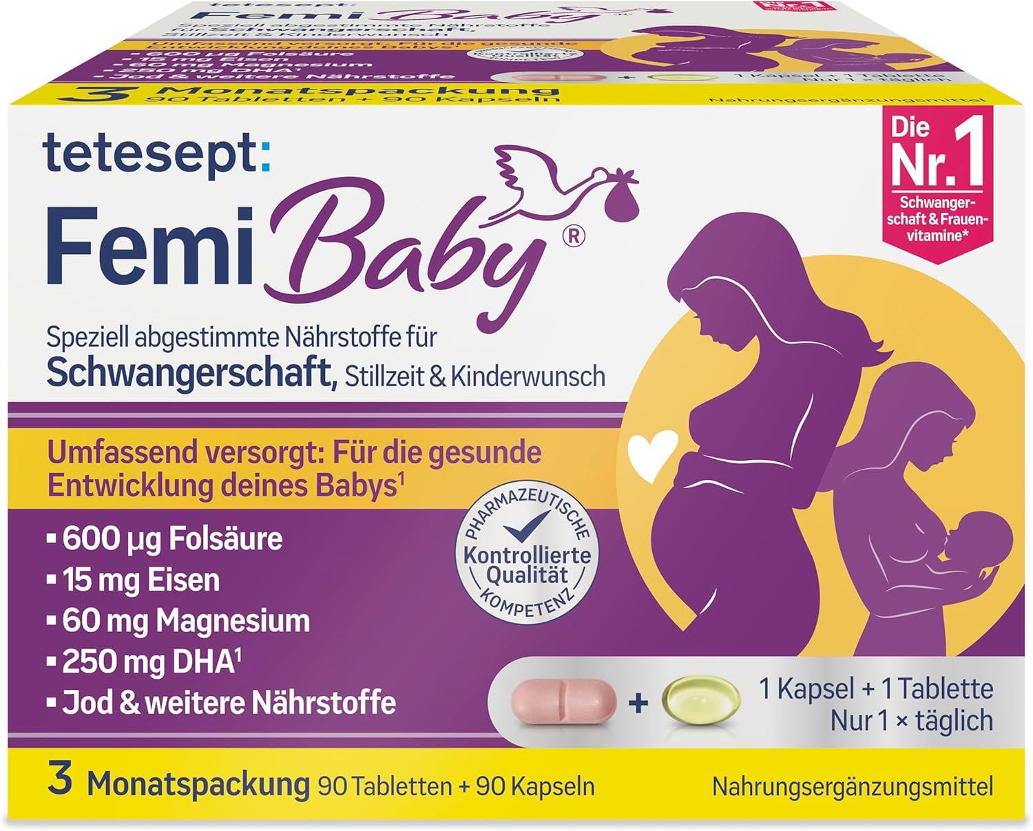 Vorderseite der tetesept Femi Baby Verpackung mit Produktnamen, Inhaltsstoffen und Abbildungen von Mutter und Baby.