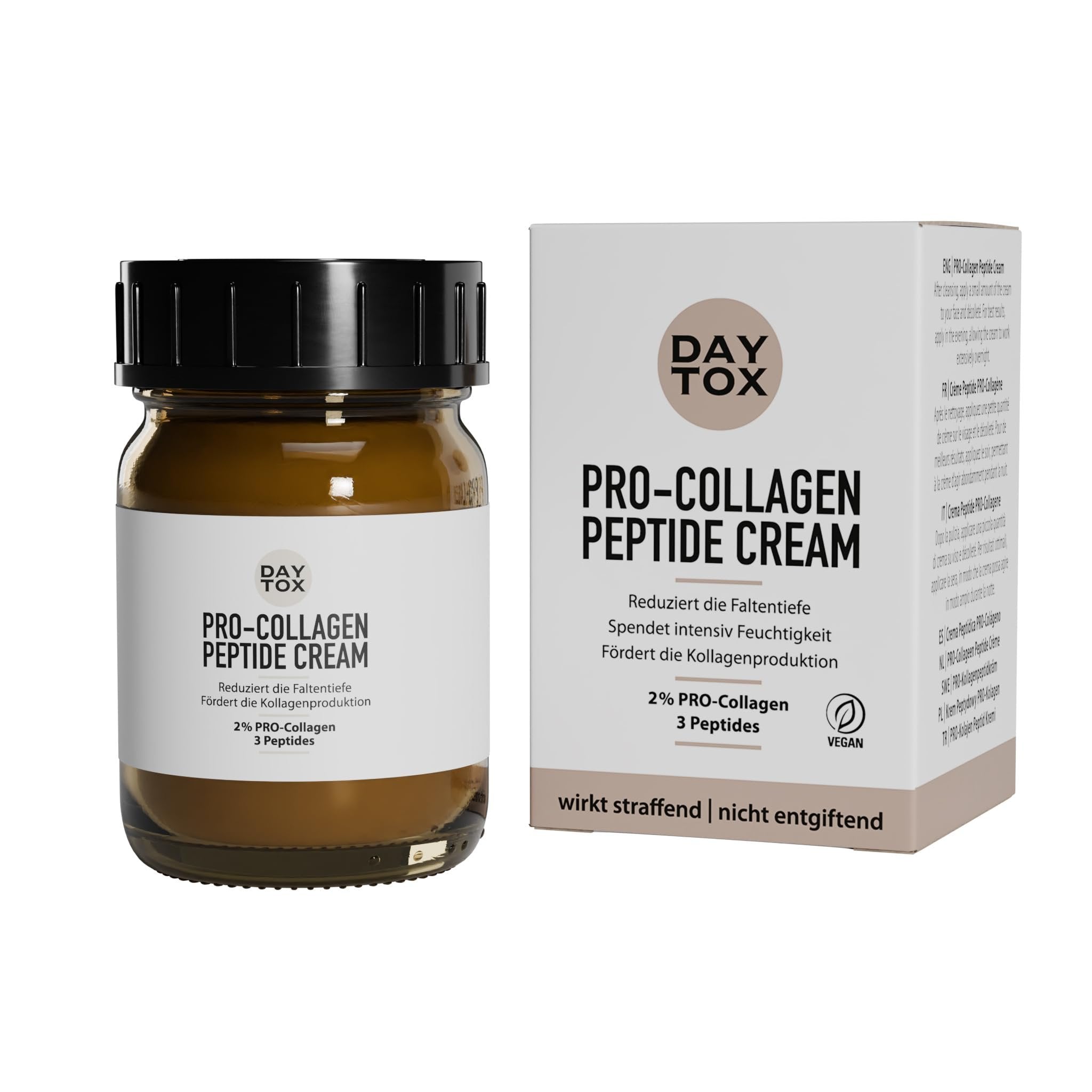 DAYTOX Pro-Collagen Peptide Cream Box und Tiegel nebeneinander. Beide zeigen die Vorderseite mit Produktnamen.