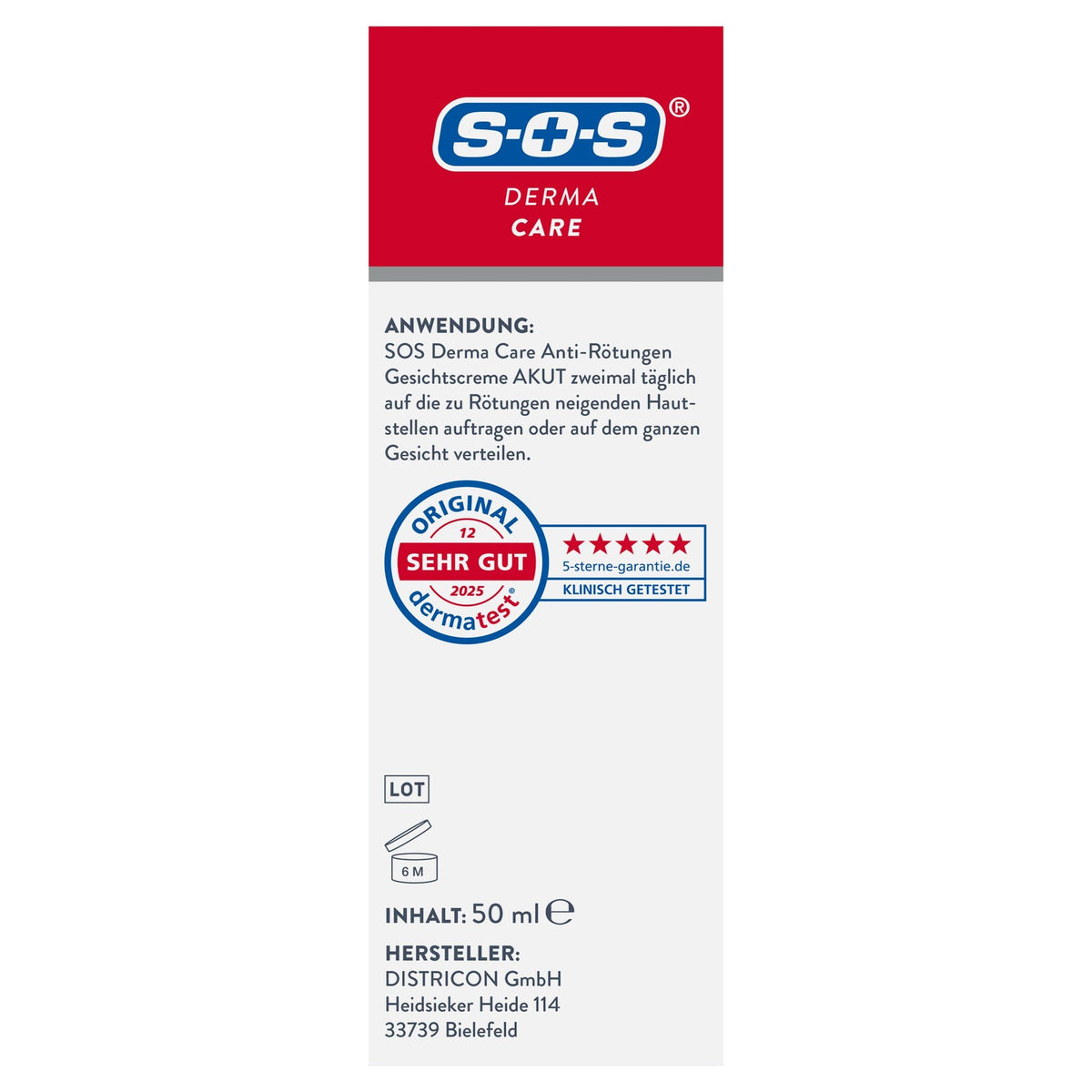 Verpackung SOS Derma Care Anti-Rötungen Gesichtscreme mit Anwendung, Inhalt 50 ml