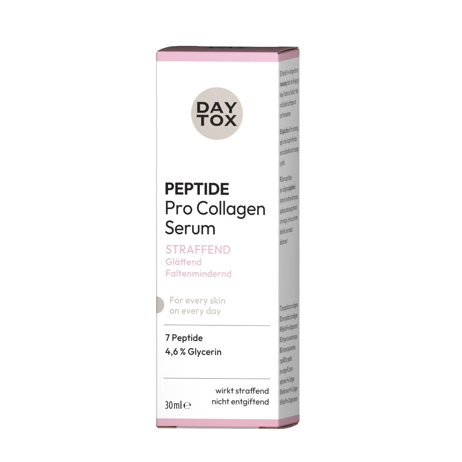 Frontalansicht der Verpackung von DAYTOX Peptide Pro Collagen Serum (30 ml) mit Hinweis auf straffende, glättende und faltenmindernde Wirkung