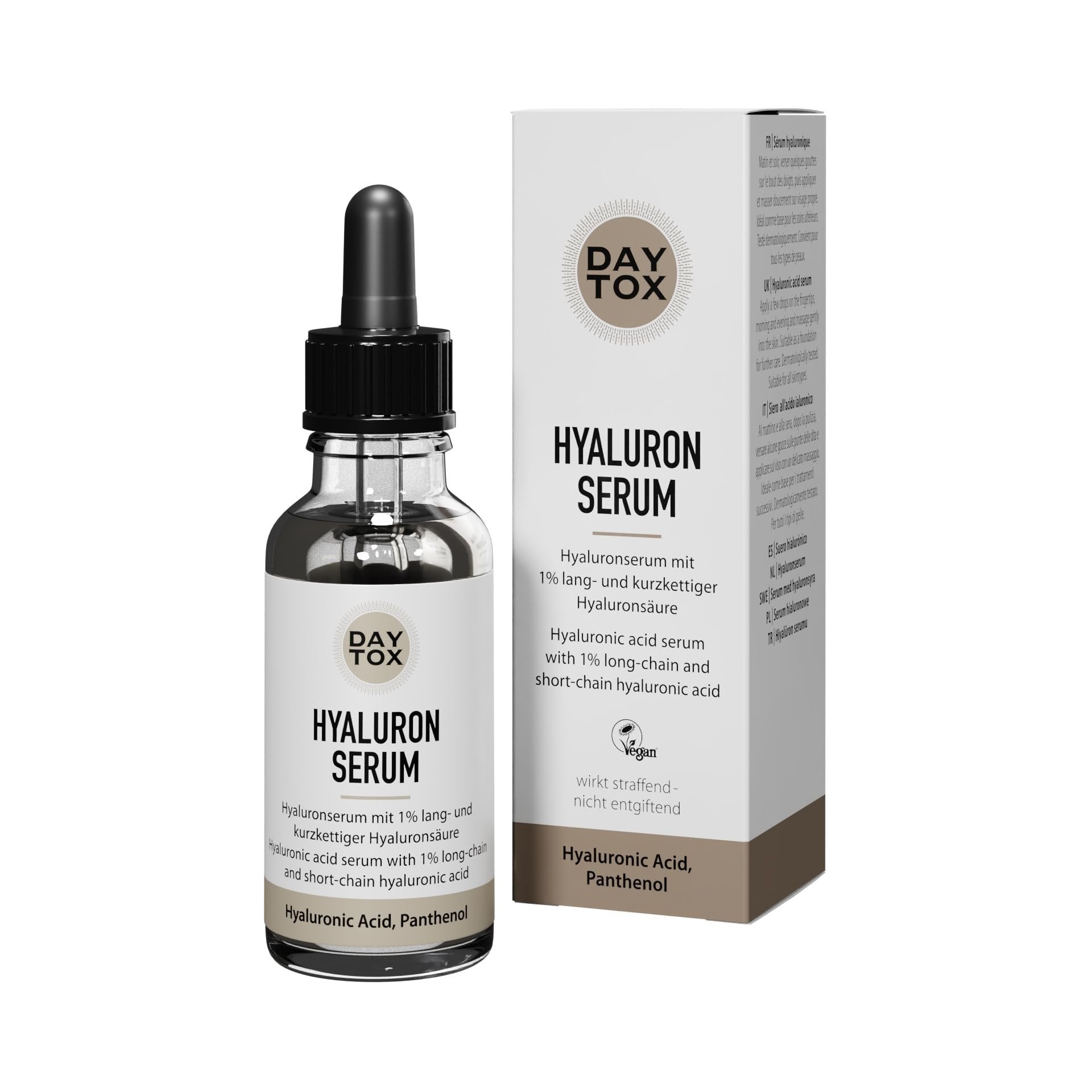 Daytox Hyaluron Serum Flasche mit Pipette und Produktverpackung nebeneinander auf hellem Hintergrund.