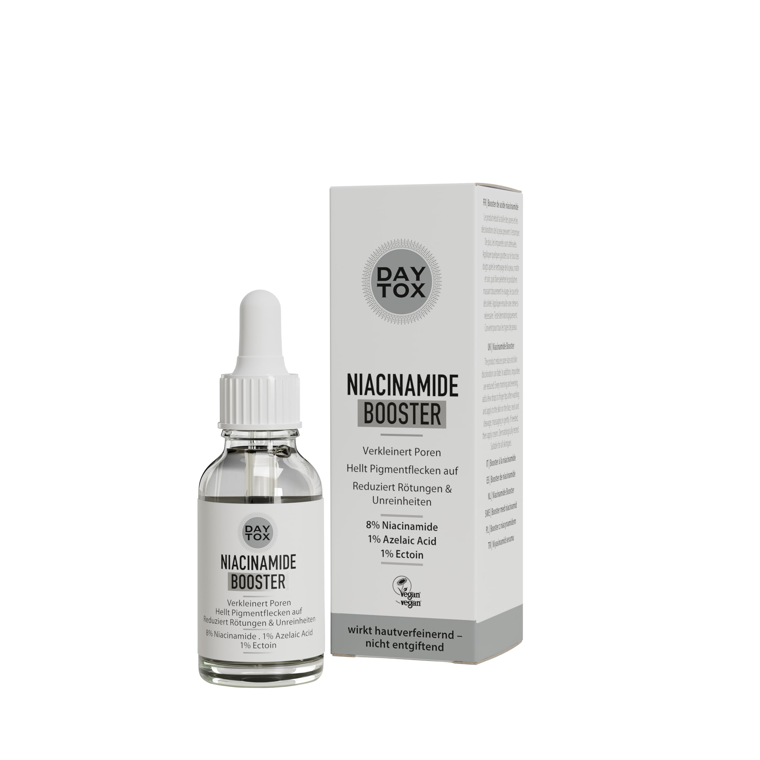 Daytox Niacinamide Booster Flasche und Verpackung auf weißem Hintergrund, Vorderansicht.