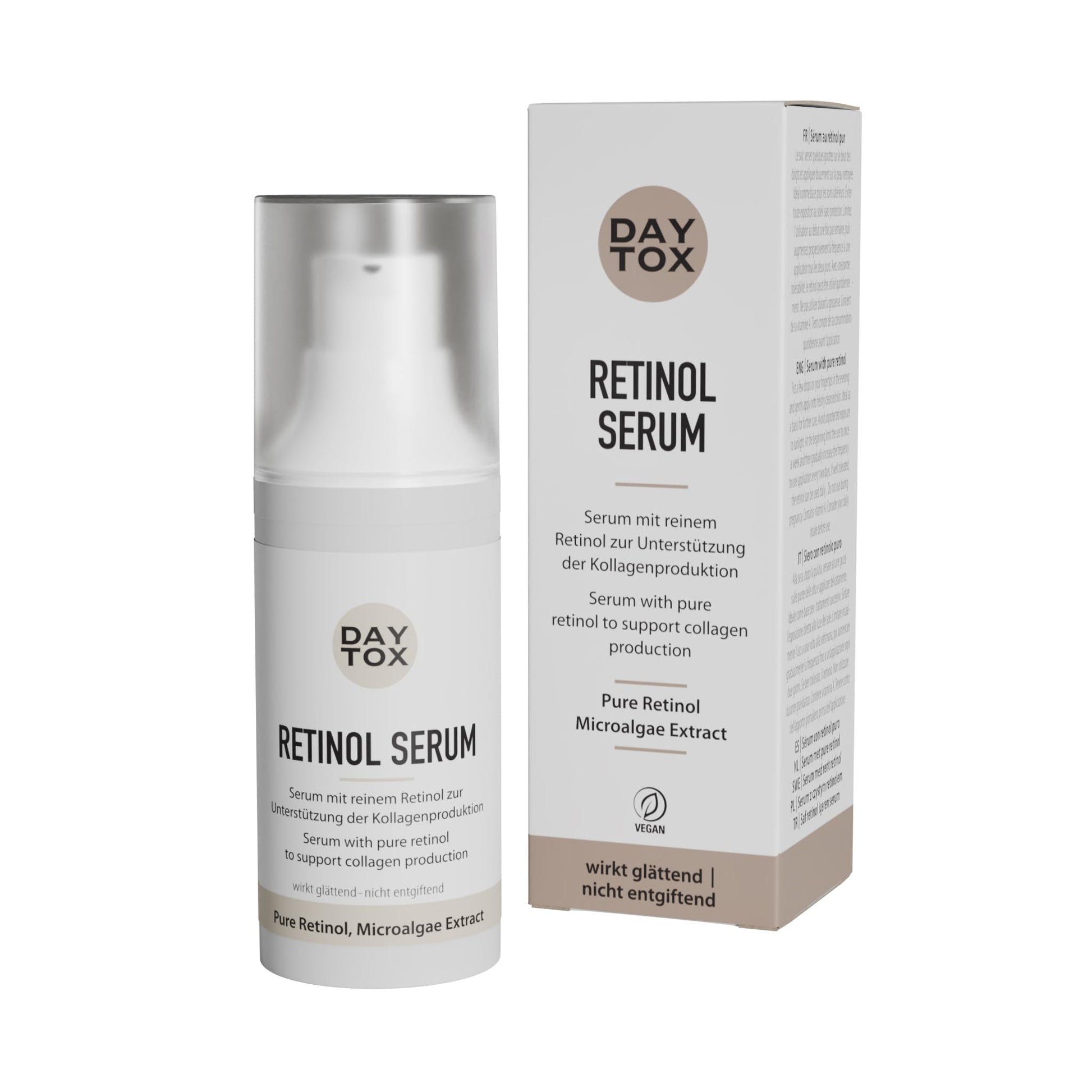 Weißes Daytox Retinol Serum Fläschchen und beige-weiße Produktverpackung auf hellem Hintergrund.