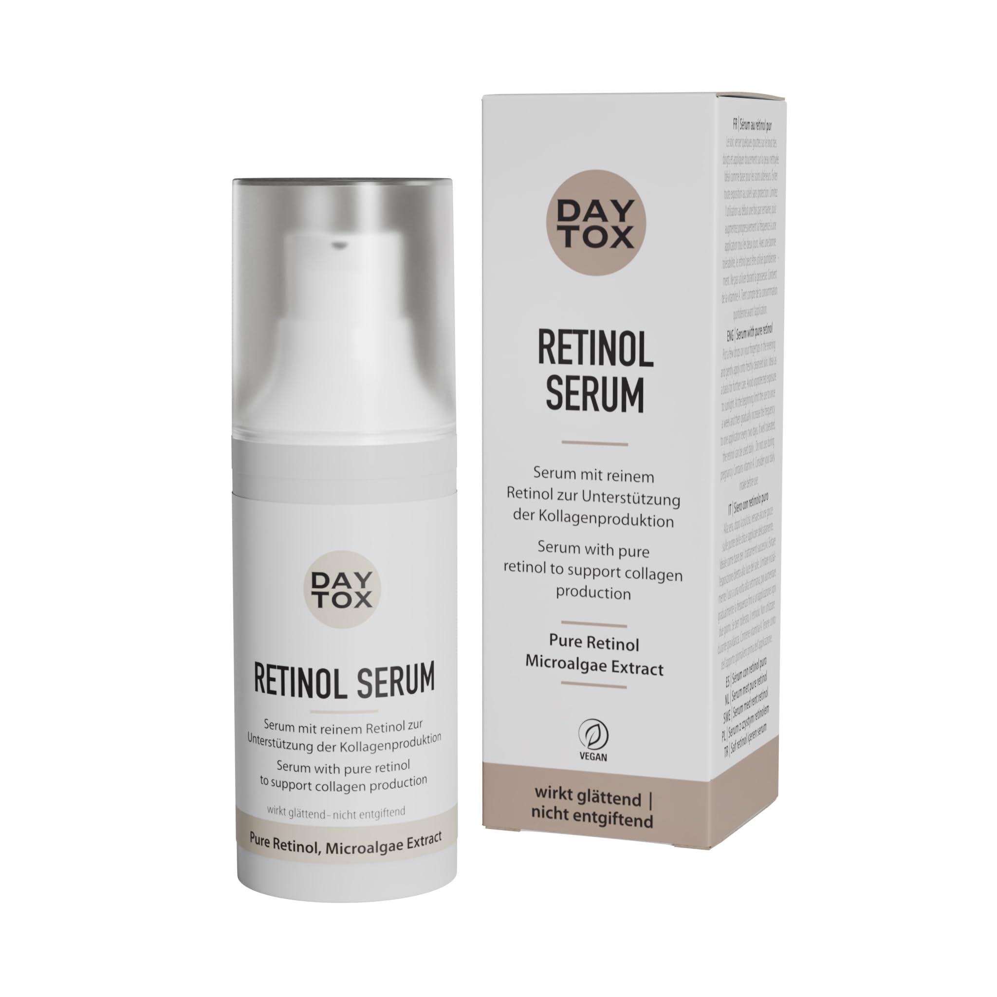 Weißes Daytox Retinol Serum Fläschchen und beige-weiße Produktverpackung auf hellem Hintergrund.