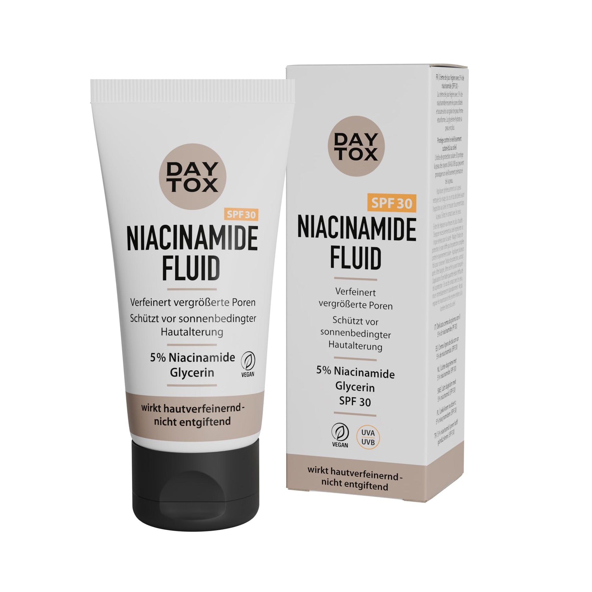 Vorderseite der Daytox Niacinamide Fluid Tube und der Produktverpackung mit SPF 30.