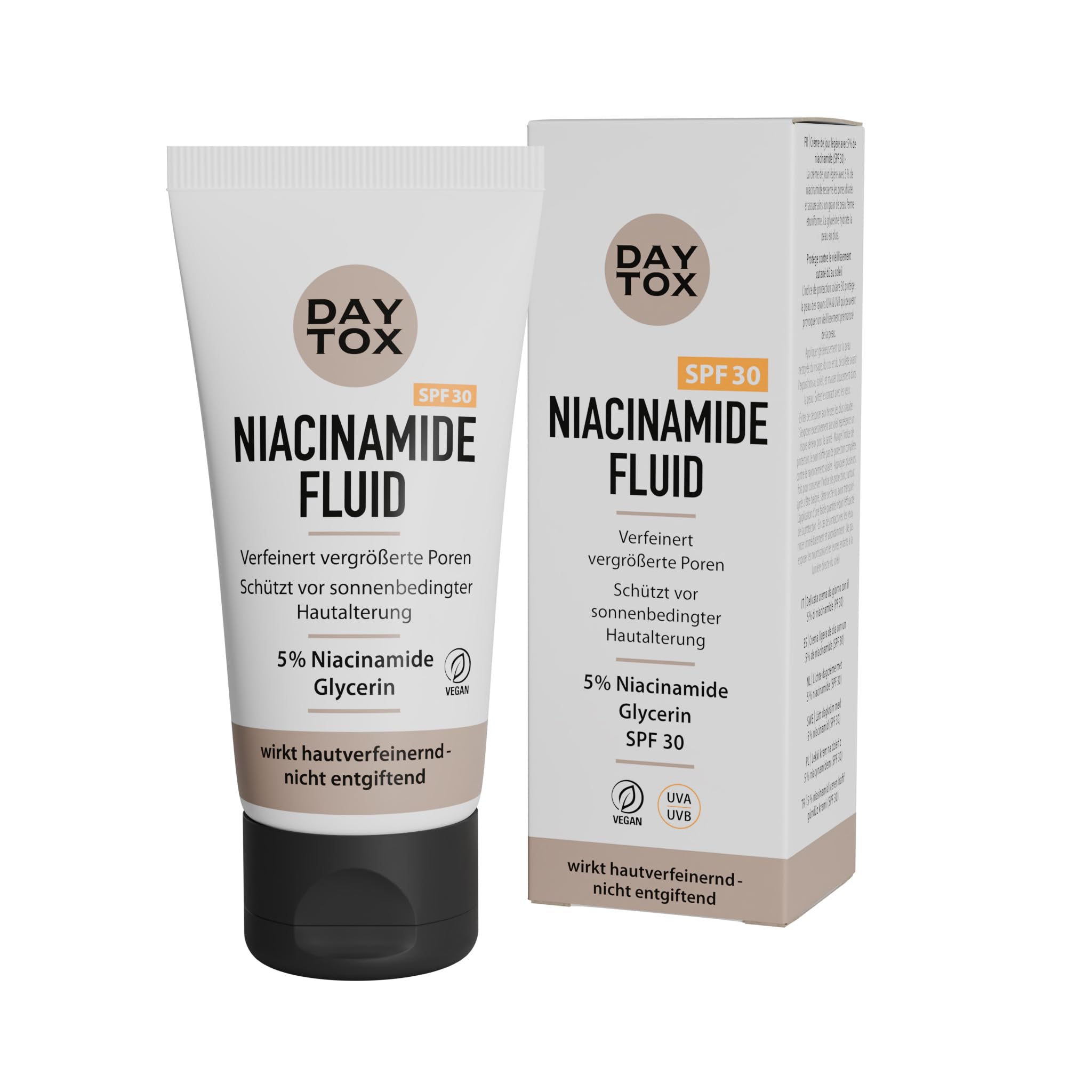 Vorderseite der Daytox Niacinamide Fluid Tube und der Produktverpackung mit SPF 30.