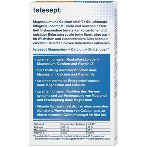 Seitenansicht der Verpackung von tetesept Magnesium Calcium 500 mit Produktvorteilen und Nährwerttabelle