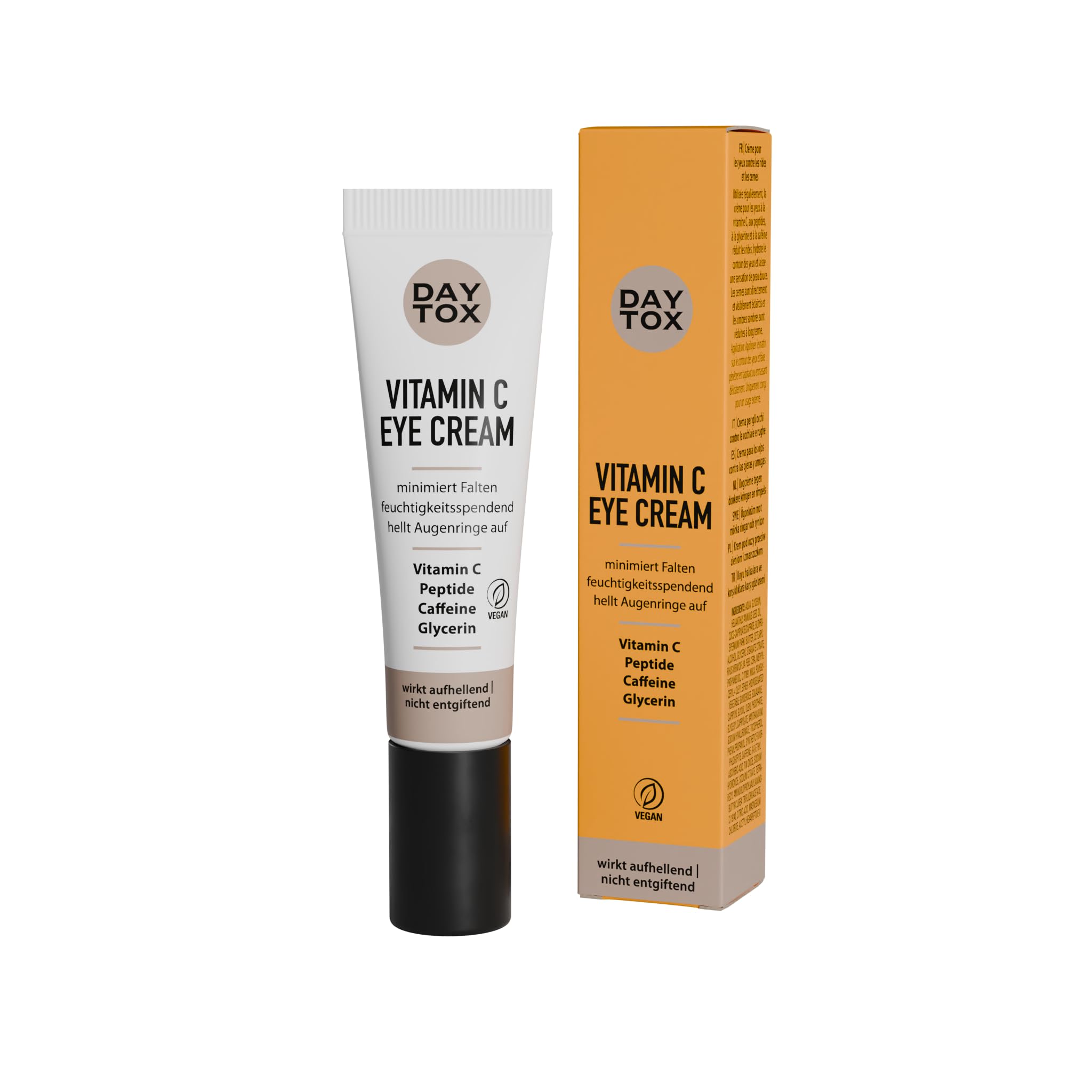 DAYTOX Vitamin C Augencreme Tube und orangefarbene Verpackung nebeneinander auf weißem Hintergrund.