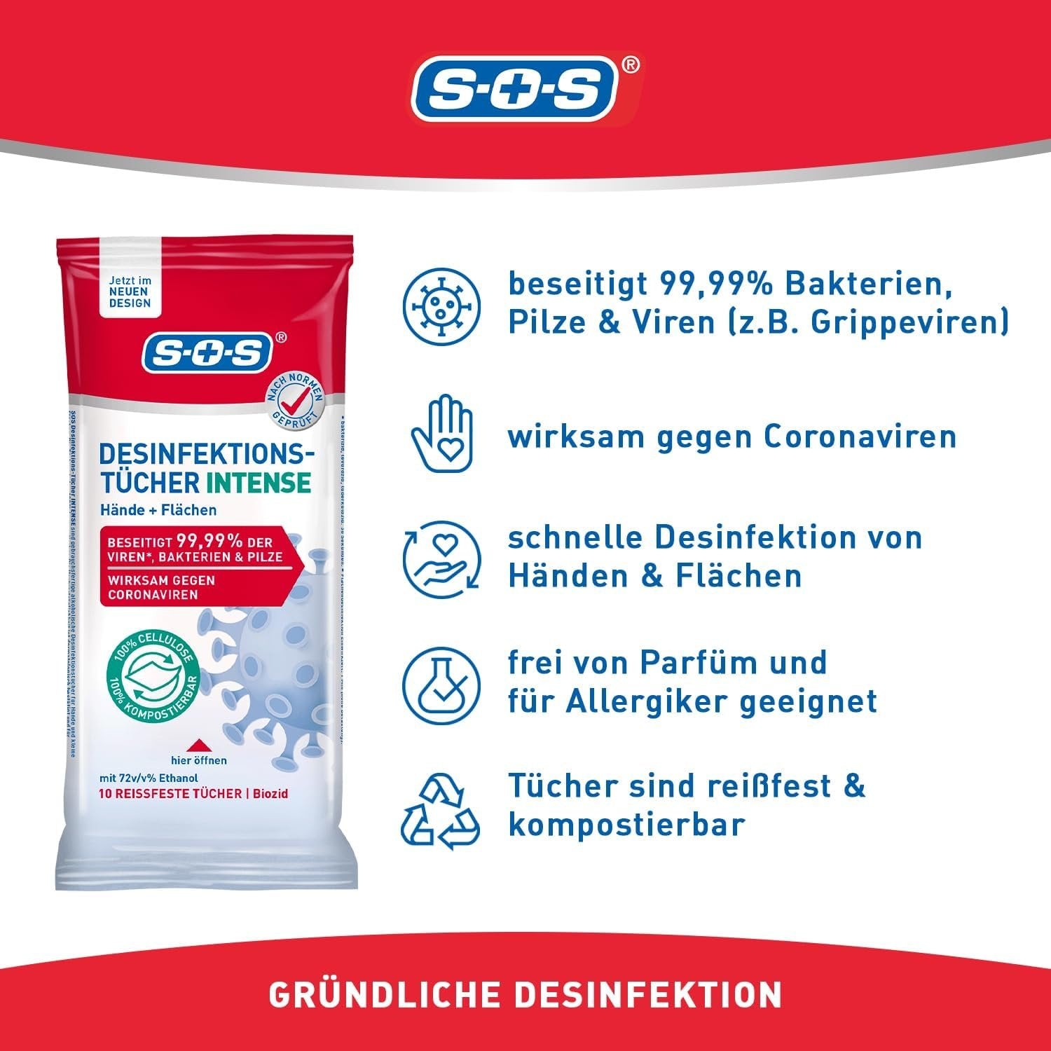 SOS Desinfektions-Tücher INTENSE Verpackung (10er) und Liste der Produktvorteile mit Icons.