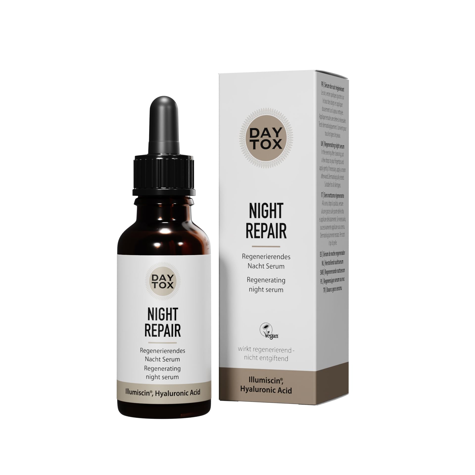 Braune Pipettenflasche und weiße Produktverpackung des Daytox Night Repair Serums, Vorderseite mit Marken- und Produktnamen.