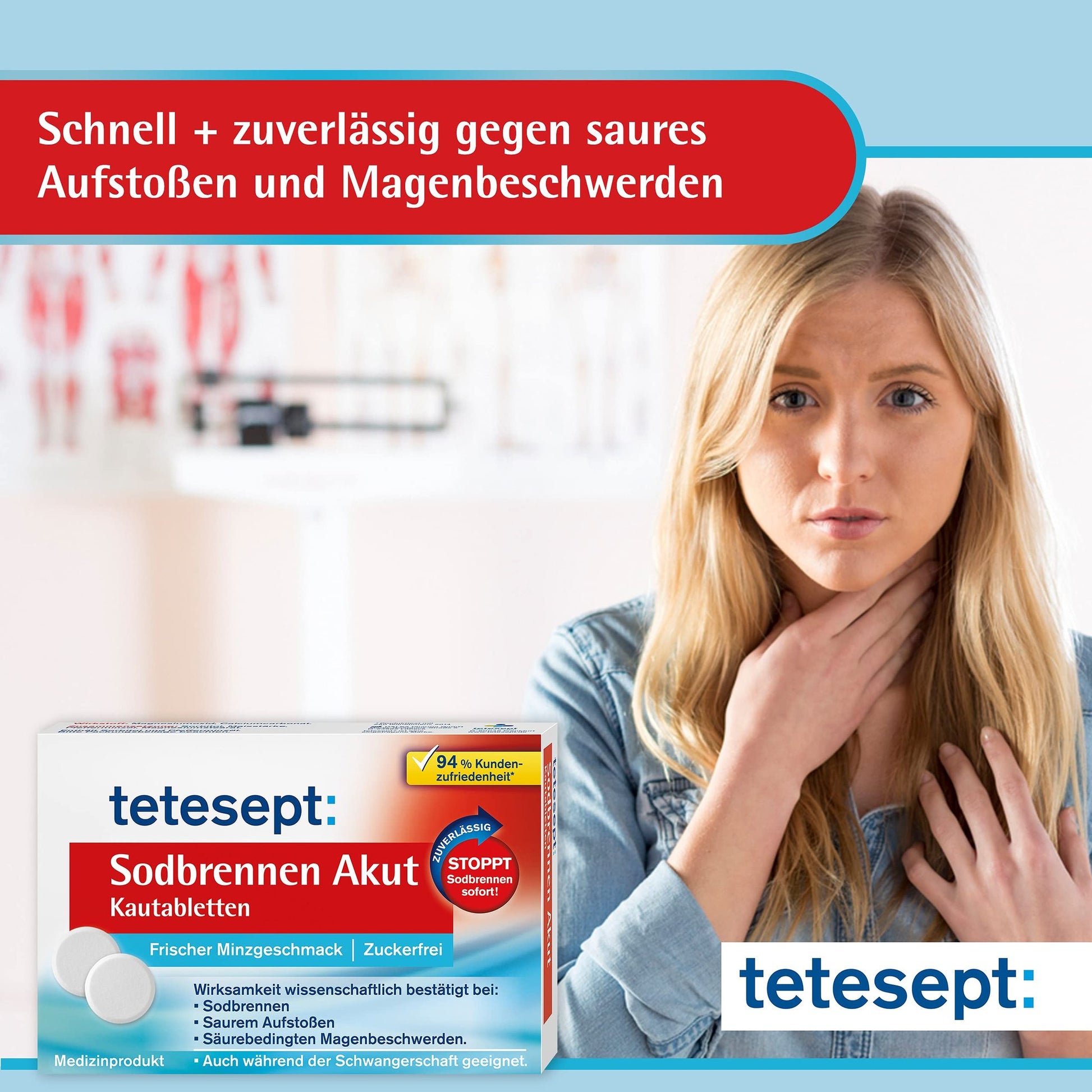 Frau hält sich den Hals, blickt besorgt. Produktpackung im Vordergrund. Text über schnelle Linderung.