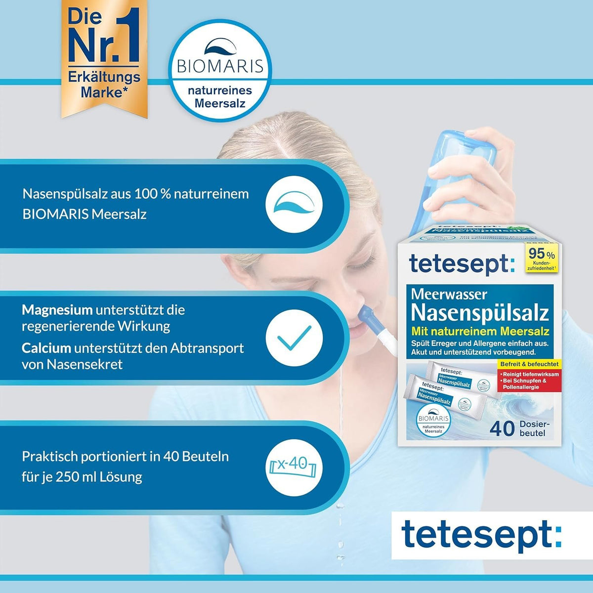 Nasenpflege-Set mit tetesept Meerwasser-Nasenspülsalz: Beutelpackung und blauer Flasche