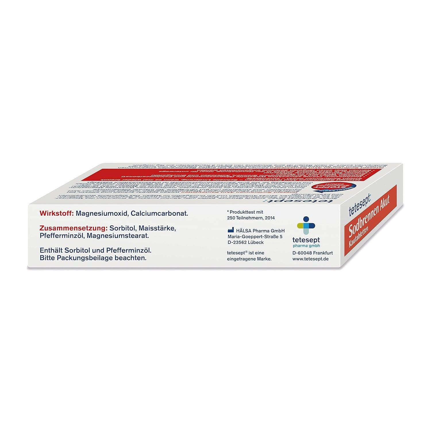 Seitenansicht der tetesept Sodbrennen Akut Kautabletten Packung mit Wirkstoffen, Zusammensetzung und Herstellerangaben.
